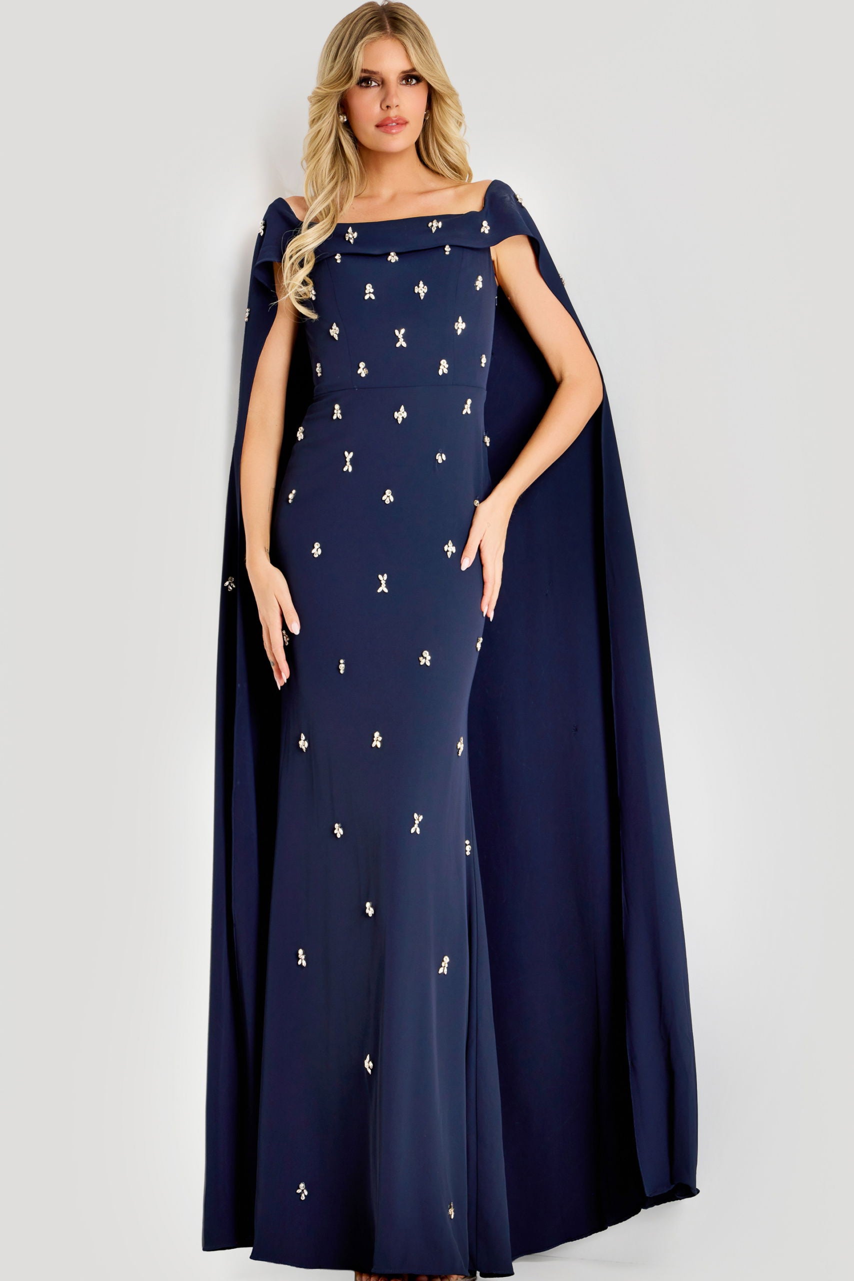 Formal Dresses Long Beaded Cape Sleeve Prom Formal Dress Jovani 44575 Navy