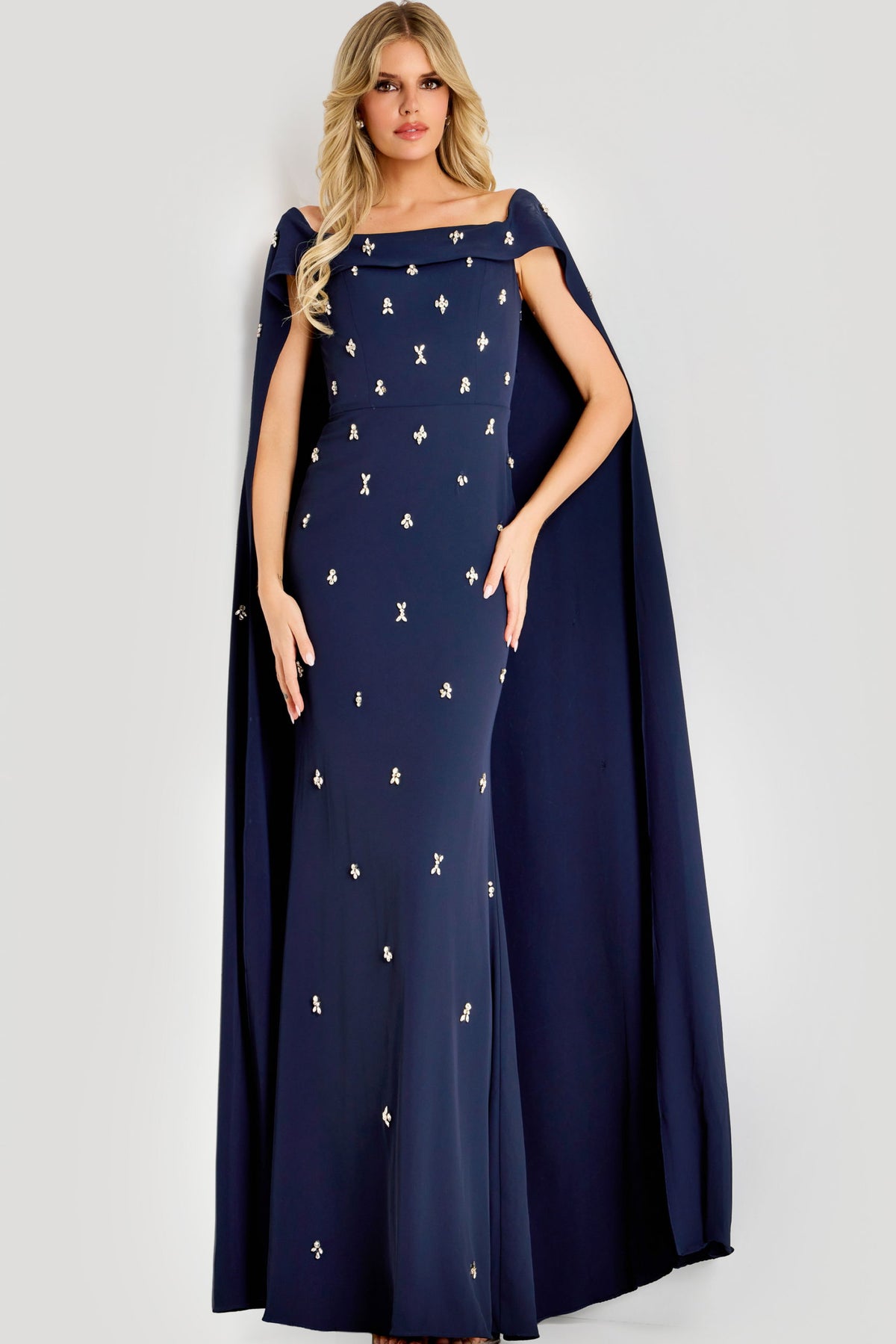 Formal Dresses Long Beaded Cape Sleeve Prom Formal Dress Jovani 44575 Navy