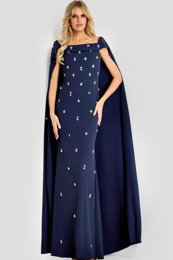 Long Beaded Cape Sleeve Prom Formal Dress Jovani 44575