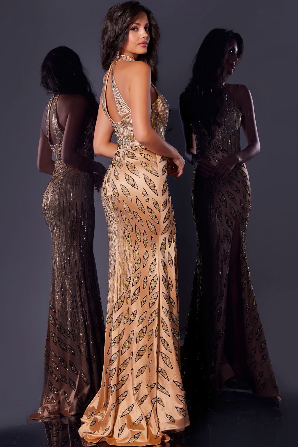 Prom Dresses Long Formal Halter Neck Beaded Prom Dress Gold