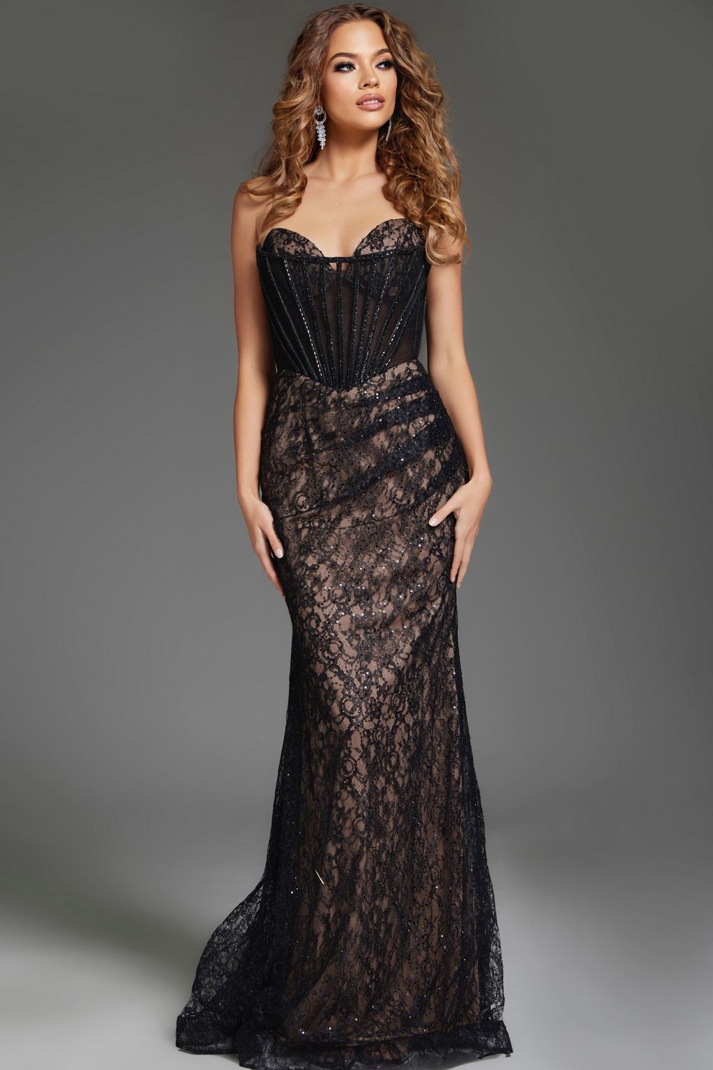 Prom Dresses Long Beaded Lace Corset Gown Formal Prom Dress Black