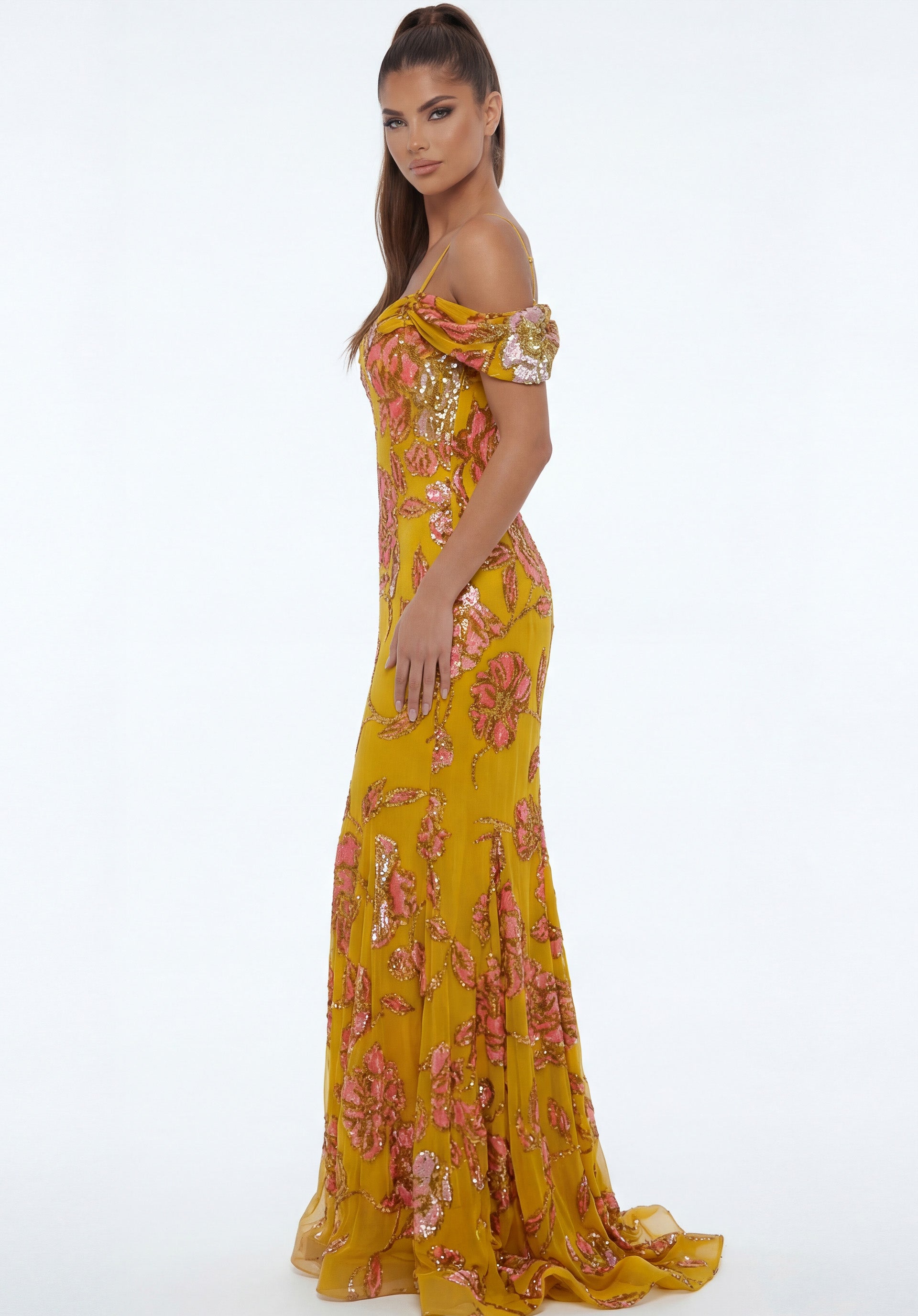 Yellow/Multi Sweetheart Floor-Length Embroidered Tulle Prom Gown with Floral Sequin Detailing Jovani 44652