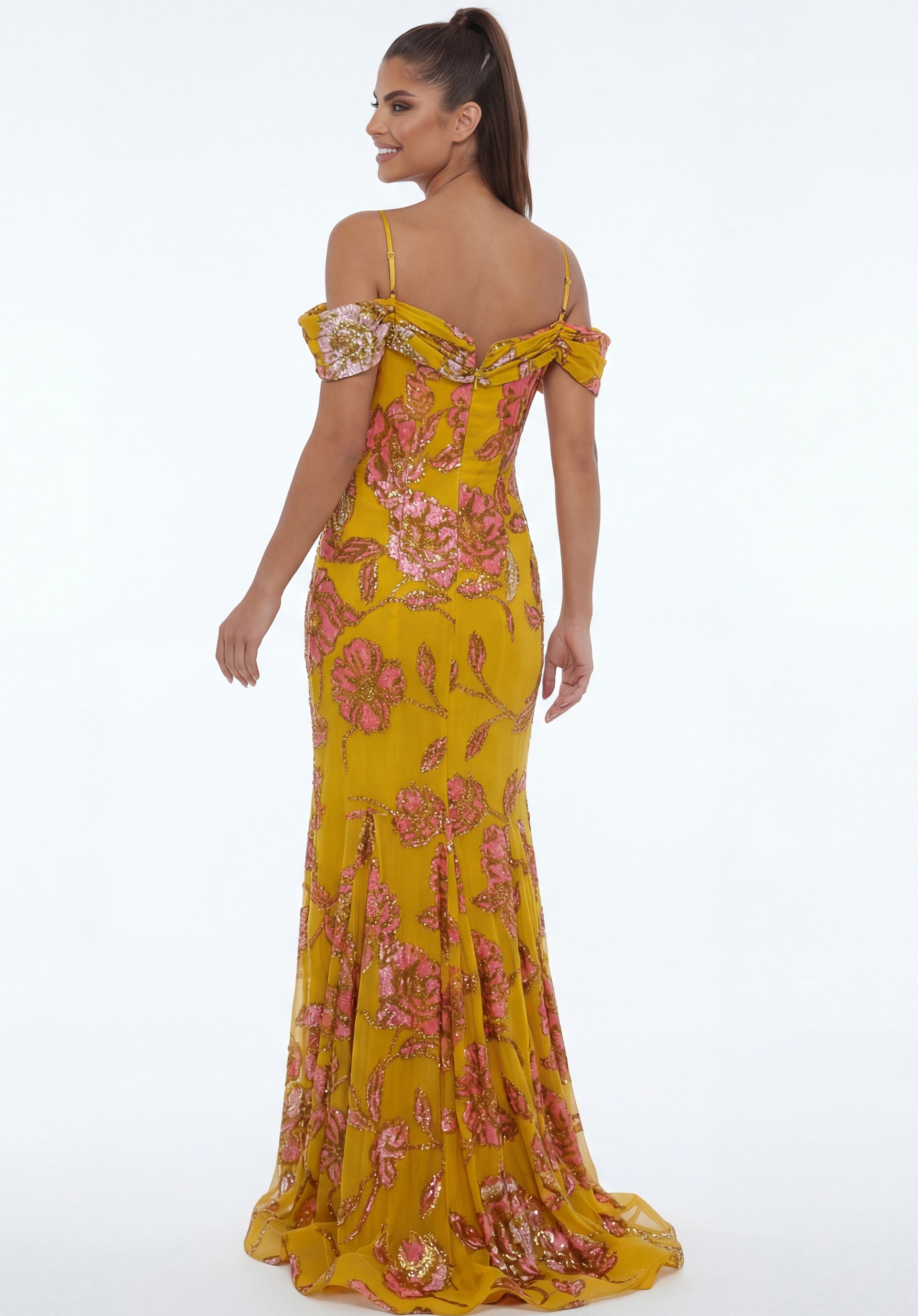 Yellow/Multi Sweetheart Floor-Length Embroidered Tulle Prom Gown with Floral Sequin Detailing Jovani 44652