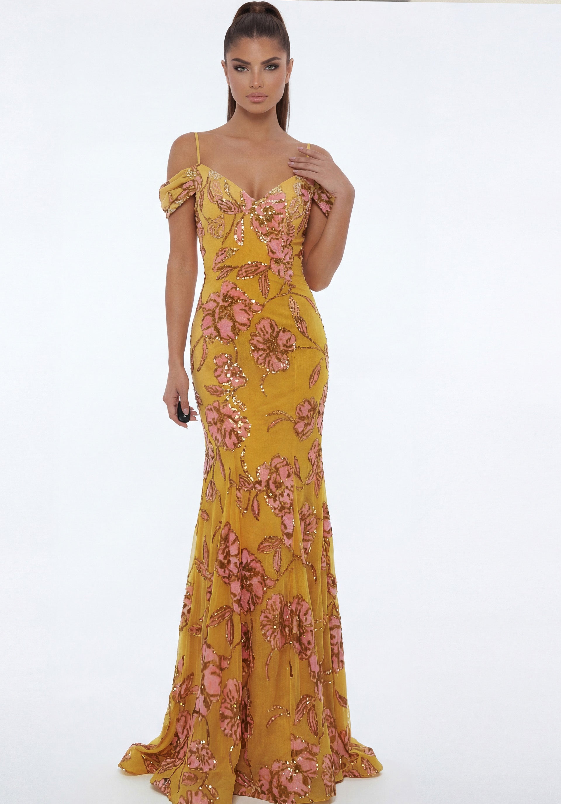 Yellow/Multi Sweetheart Floor-Length Embroidered Tulle Prom Gown with Floral Sequin Detailing Jovani 44652
