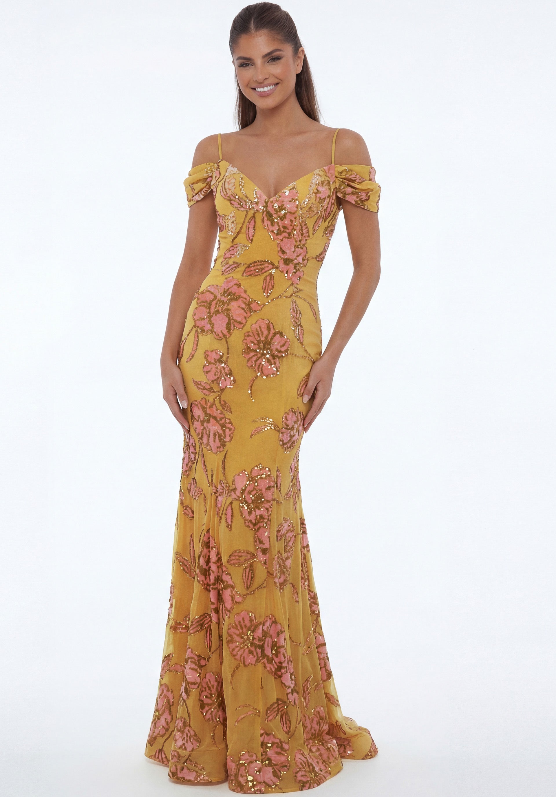 Yellow/Multi Sweetheart Floor-Length Embroidered Tulle Prom Gown with Floral Sequin Detailing Jovani 44652