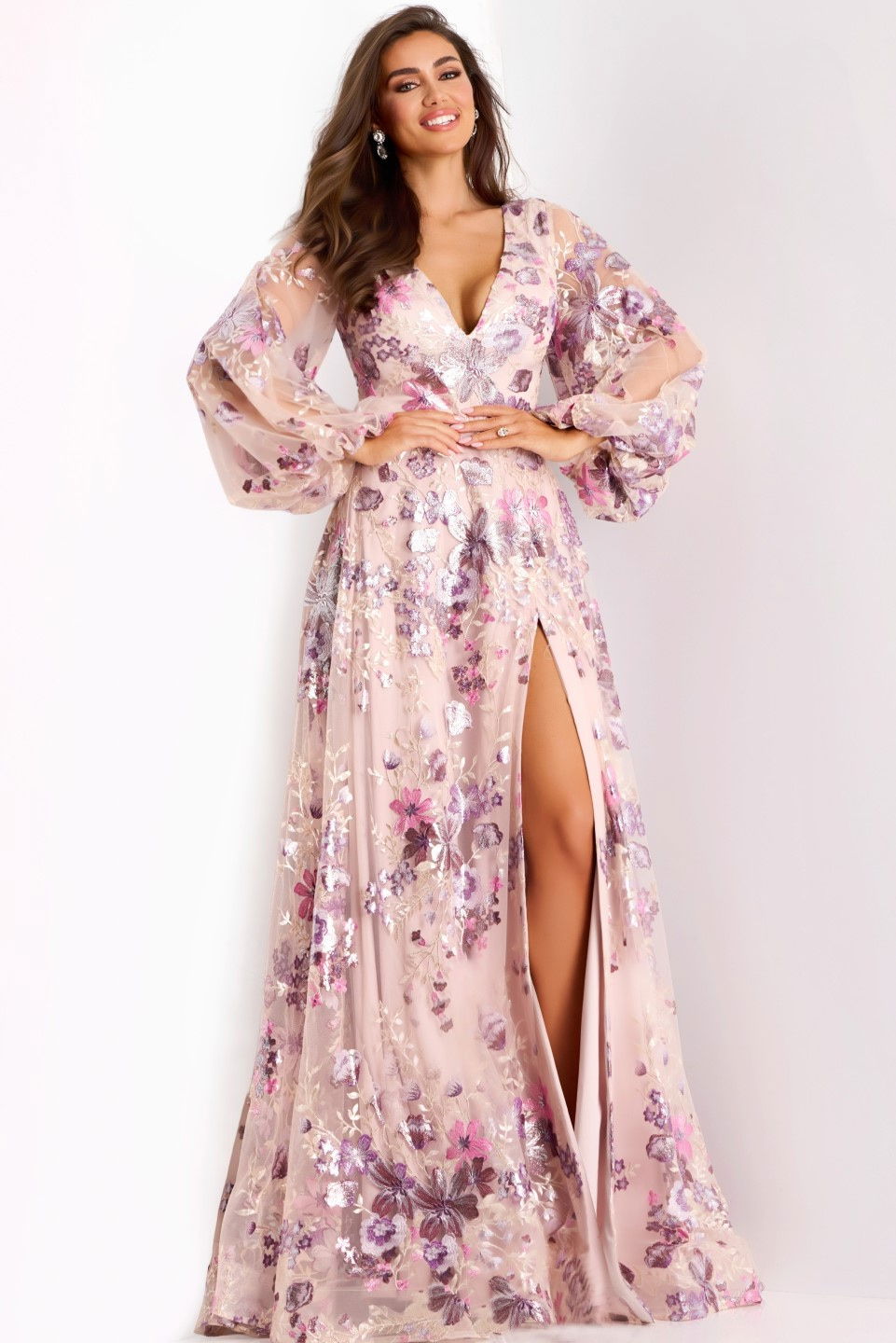 Formal Dresses Long Sleeve Floral Formal Dress Jovani 44655 Blush/Lilac