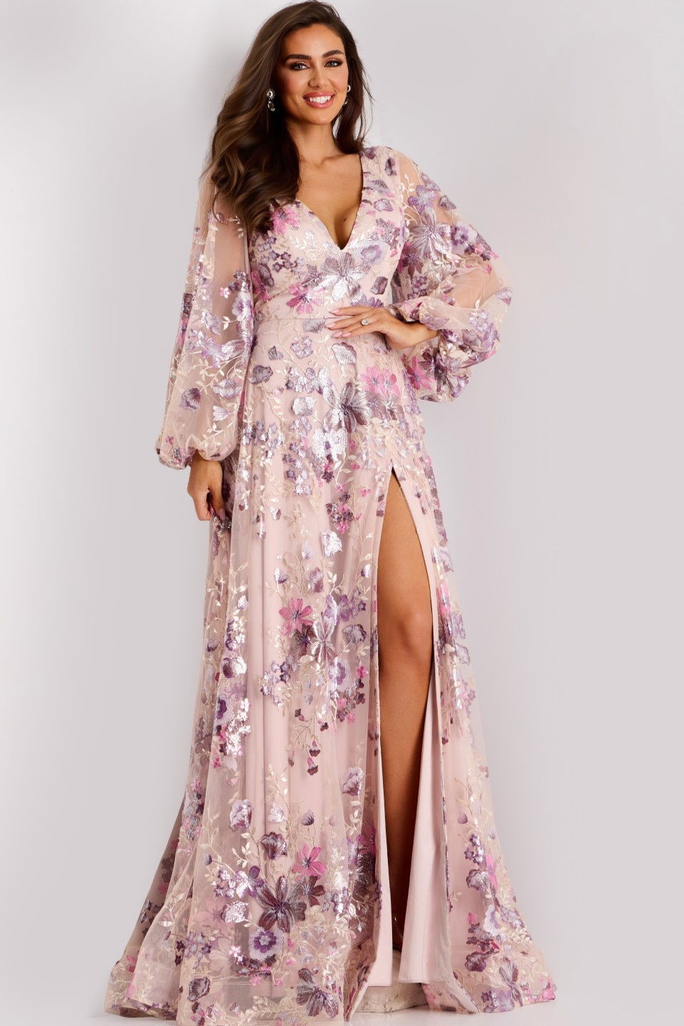 Formal Dresses Long Sleeve Floral Formal Dress Jovani 44655 Blush/Lilac