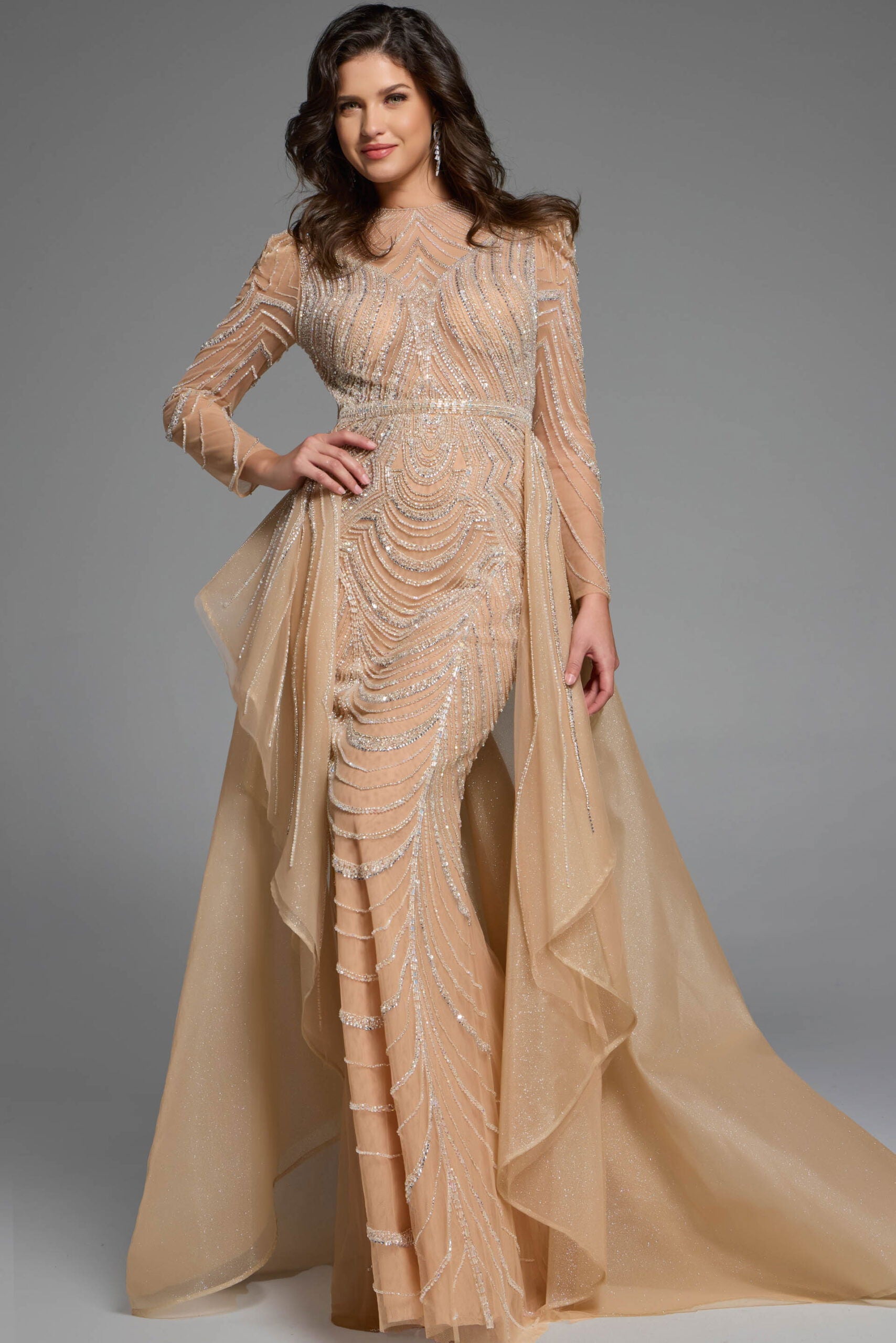 Formal Dresses Evening Long Sleeve Beaded Formal Prom Dress Jovani 44841 Champagne