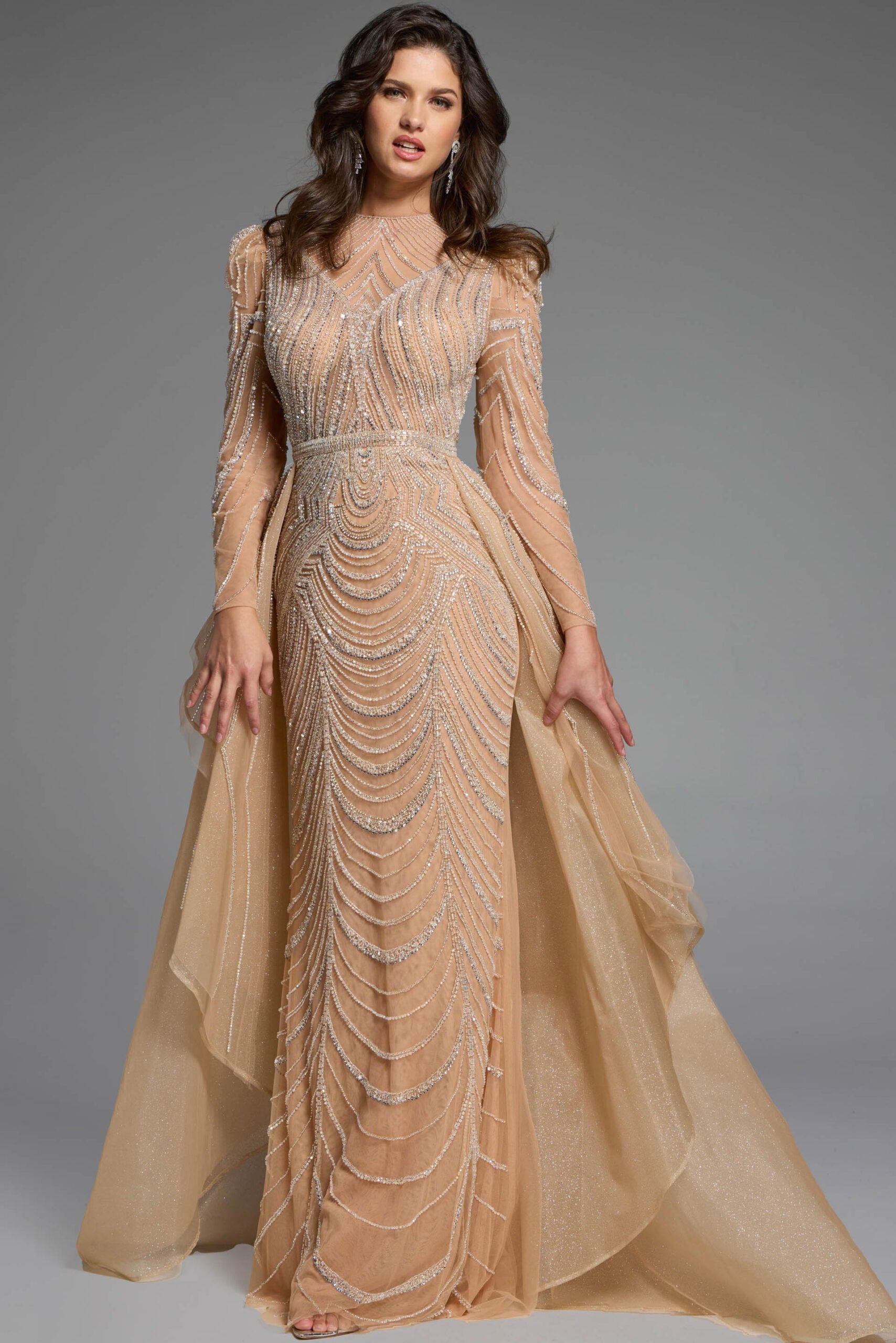 Formal Dresses Evening Long Sleeve Beaded Formal Prom Dress Jovani 44841 Champagne