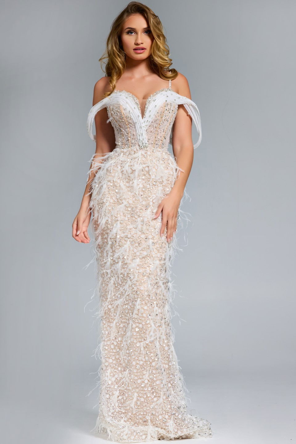 Prom Dresses Fitted Evening Long Formal Beaded Prom Dress Jovani 44848 White
