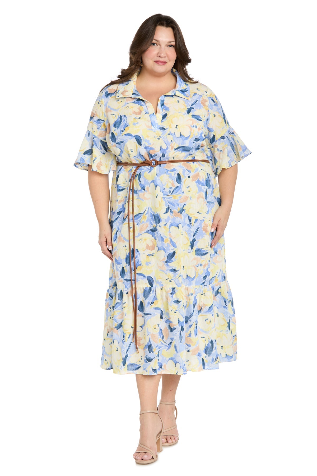 Plus Size Dresses Midi Cocktail Plus Size Floral Print Dress R&M Richards 4485W Blue/Multi