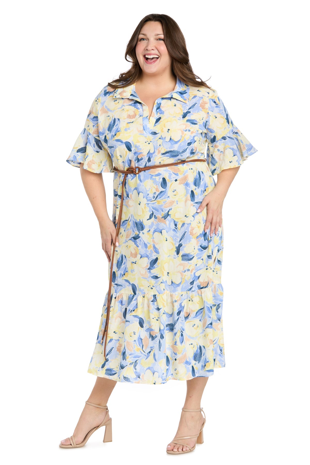 Plus Size Dresses Midi Cocktail Plus Size Floral Print Dress R&M Richards 4485W Blue/Multi