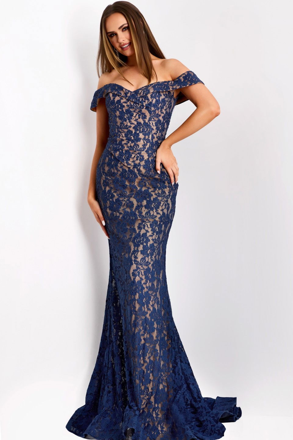 Prom Dresses Long Formal Lace Mermaid Evening Prom Dress Jovani 44862 Navy/Nude