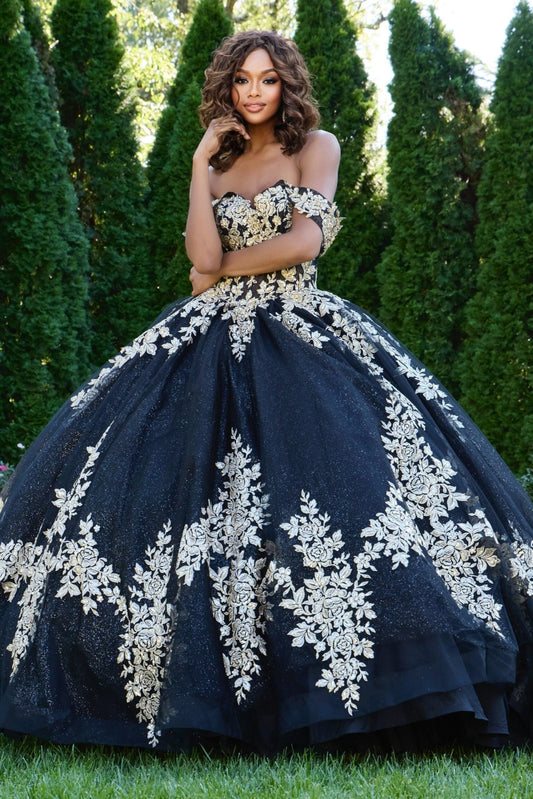 Quinceniera Dresses Long Floral Applique Quinceanera Dress Black/Gold