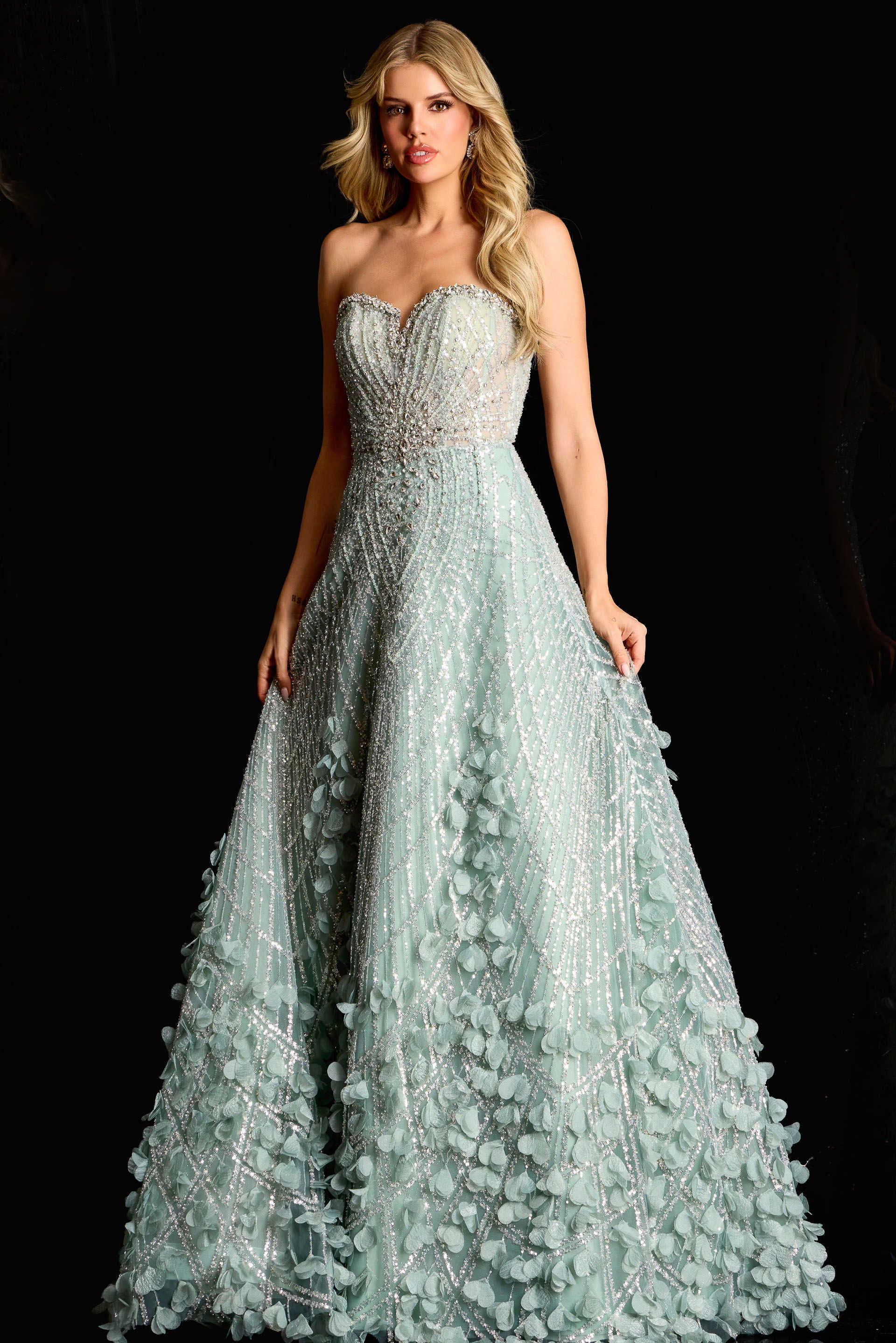 Prom Dresses Beaded Long Formal A Line 3D Floral Prom Dress Jovani 45069 Sage