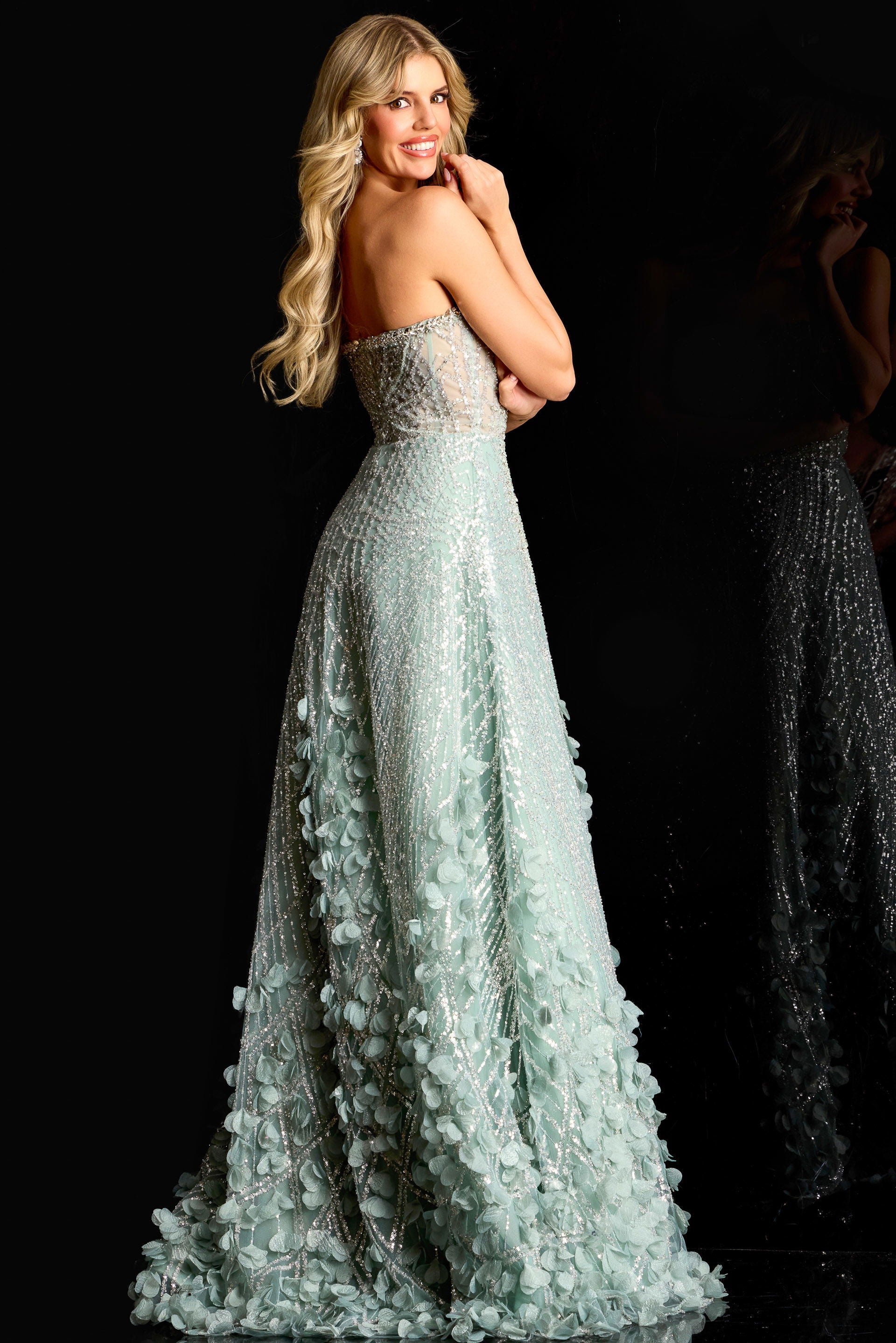 Prom Dresses Beaded Long Formal A Line 3D Floral Prom Dress Jovani 45069 Sage