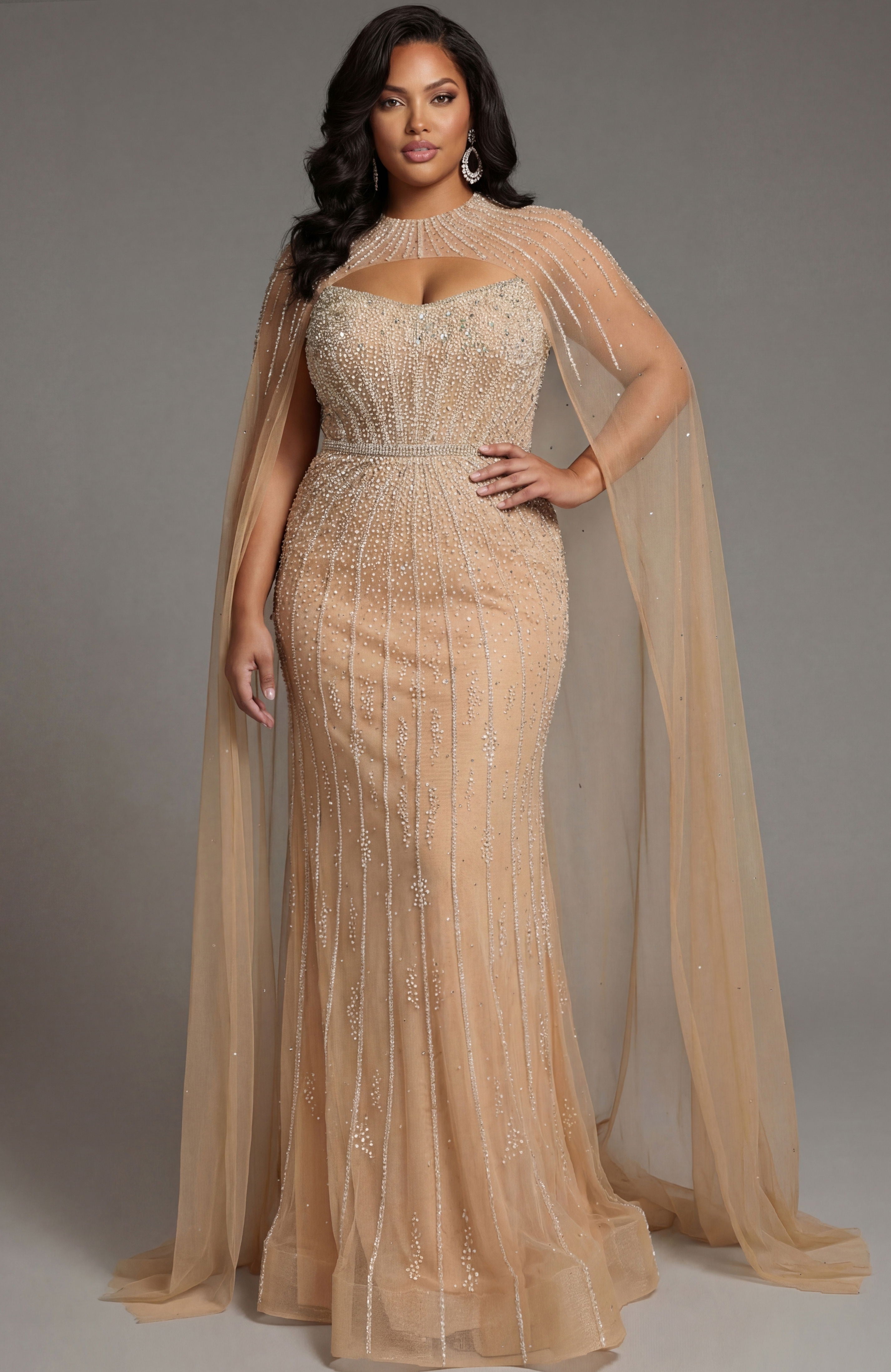 Mother of the Bride Dresses Fitted Long Formal Cape Beaded Mother of the Bride Dress Jovani 45077 Champagne
