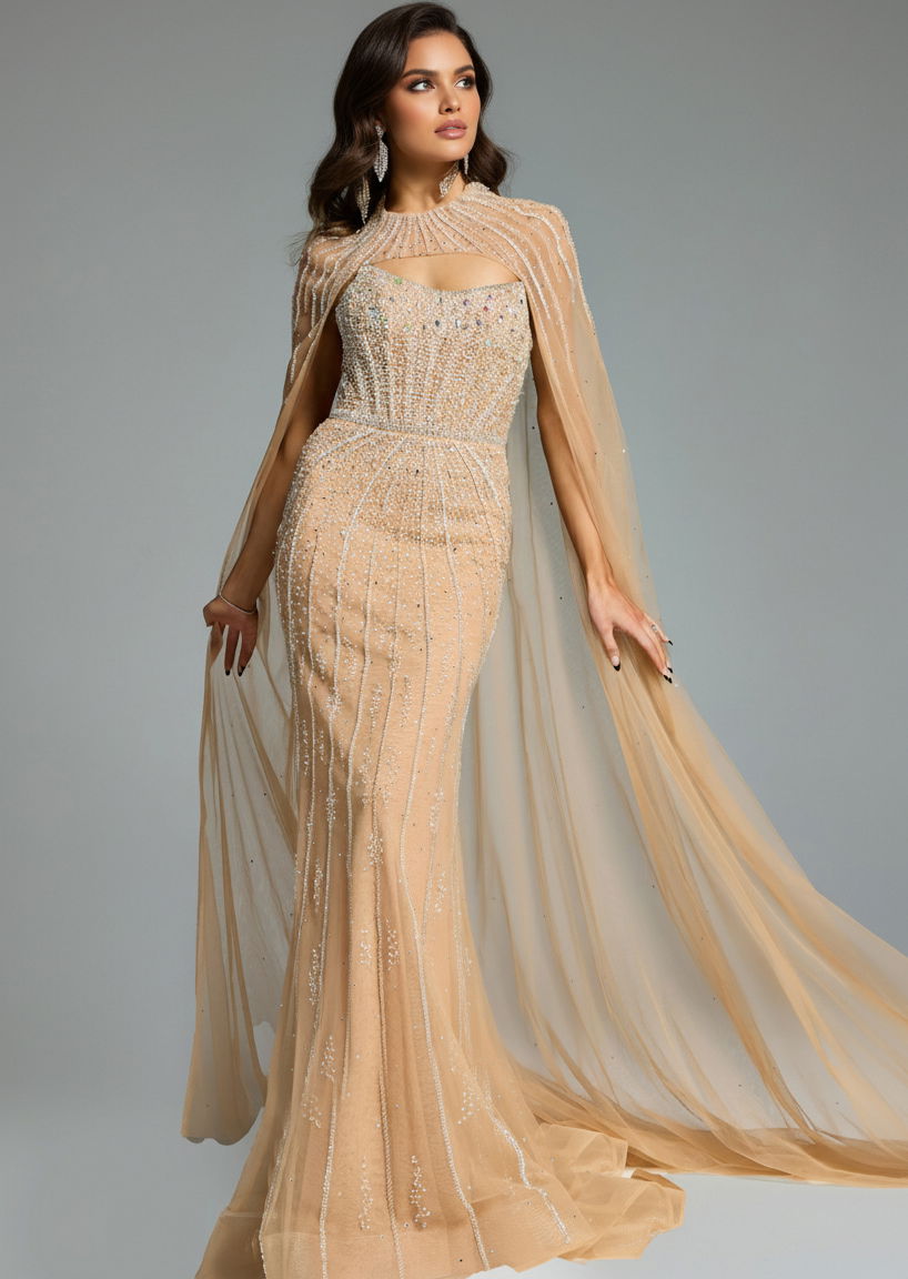 Mother of the Bride Dresses Fitted Long Formal Cape Beaded Mother of the Bride Dress Jovani 45077 Champagne