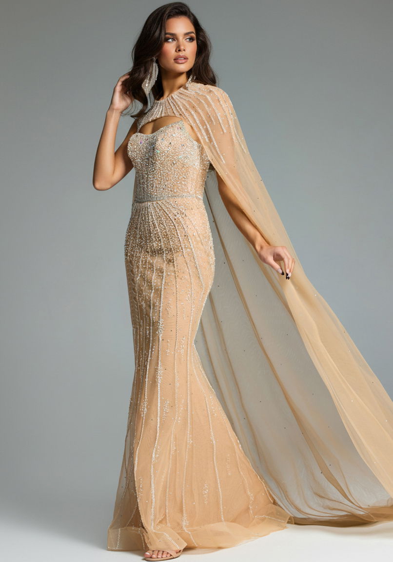 Mother of the Bride Dresses Fitted Long Formal Cape Beaded Mother of the Bride Dress Jovani 45077 Champagne