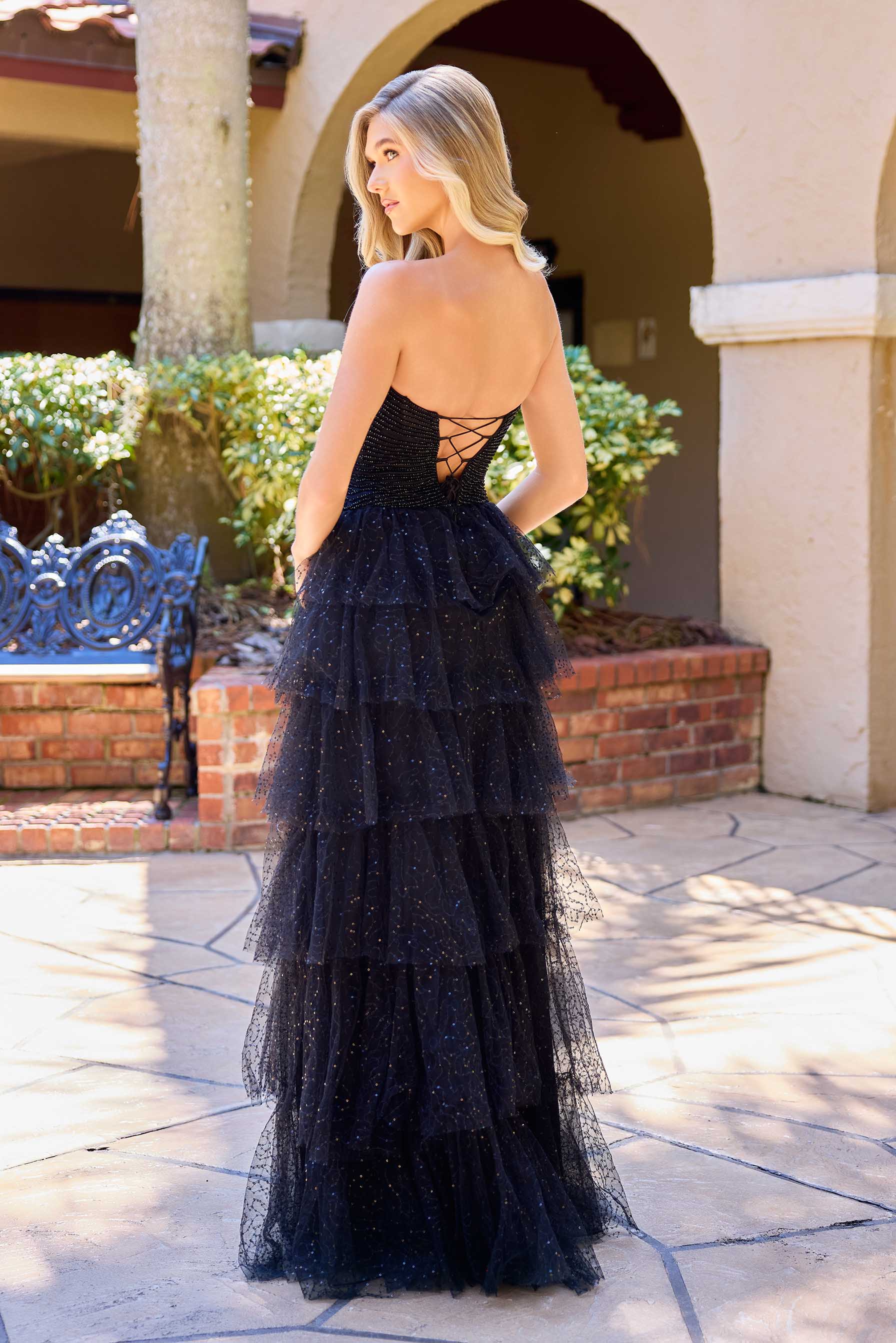 Prom Dresses Sequin Ruffle Long Formal Prom Dress Black