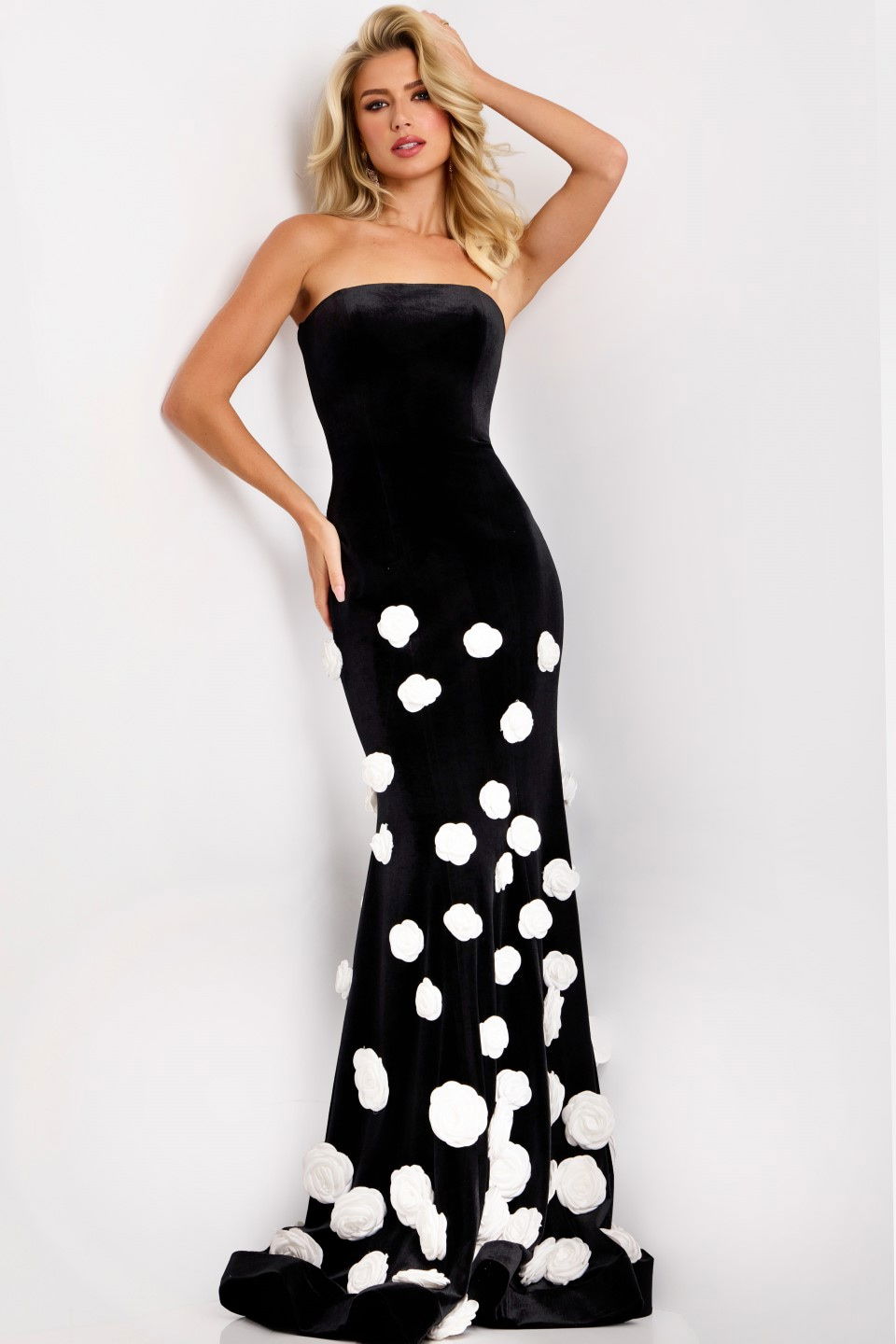 Prom Dresses Floral Applique Long Formal Velvet Prom Dress Jovani 45238  Black/Black