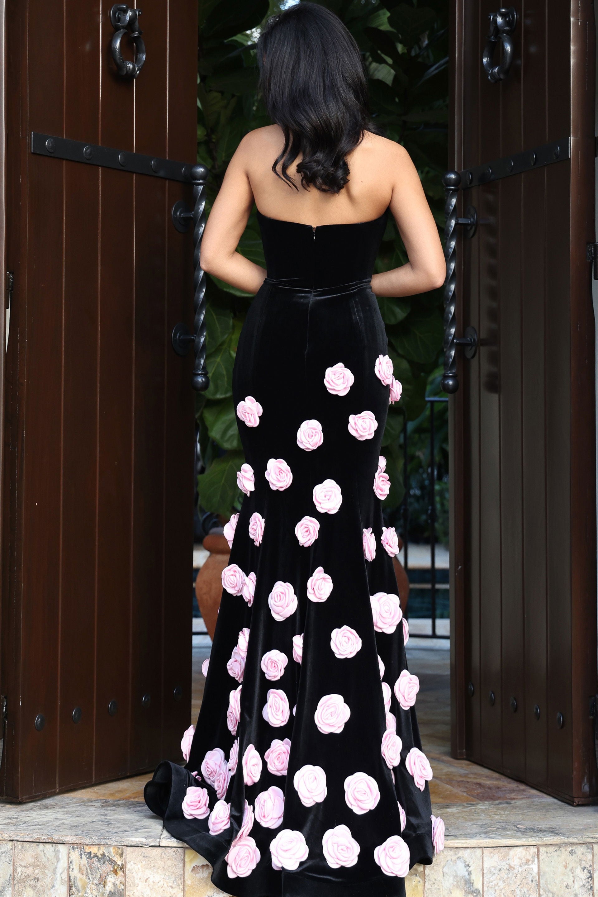Prom Dresses Floral Applique Long Formal Velvet Prom Dress Jovani 45238  Black/Black