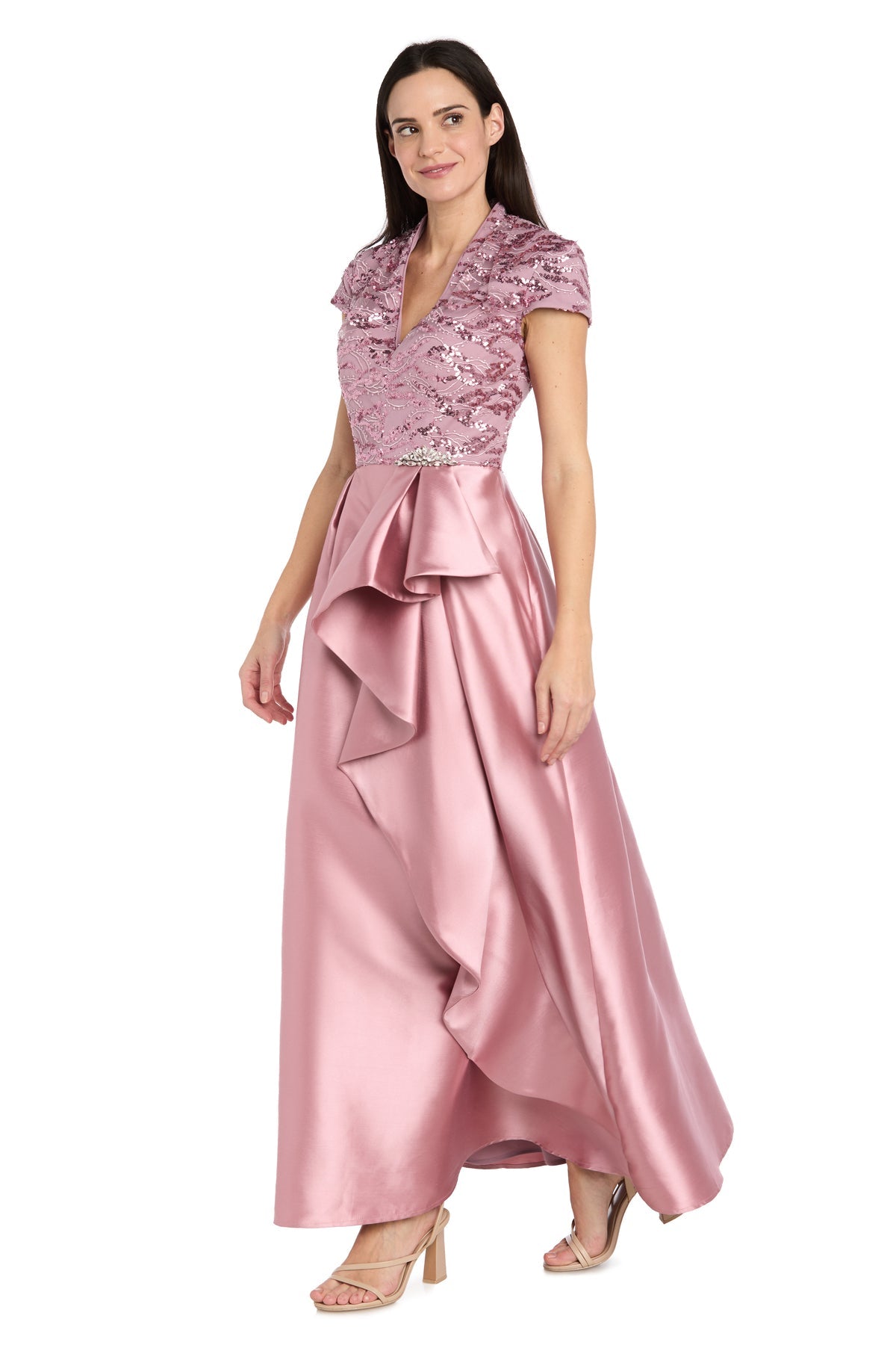 Rose V-Neck Floor-Length Satin Mother of the Bride Gown Lace Bodice and Ruffle Detail R&M Richards 4524