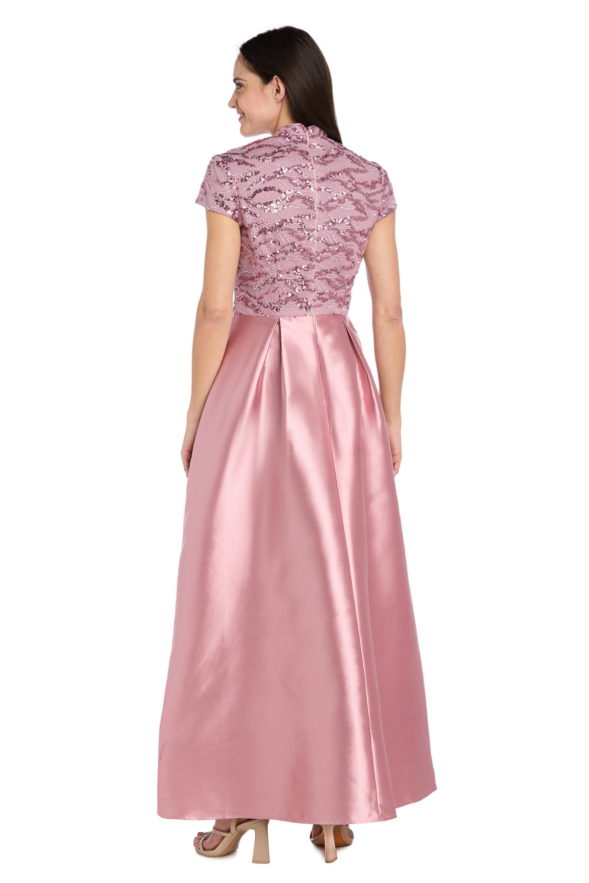 Rose V-Neck Floor-Length Satin Formal Gown Lace Bodice and Ruffle Detail R&M Richards 4524P