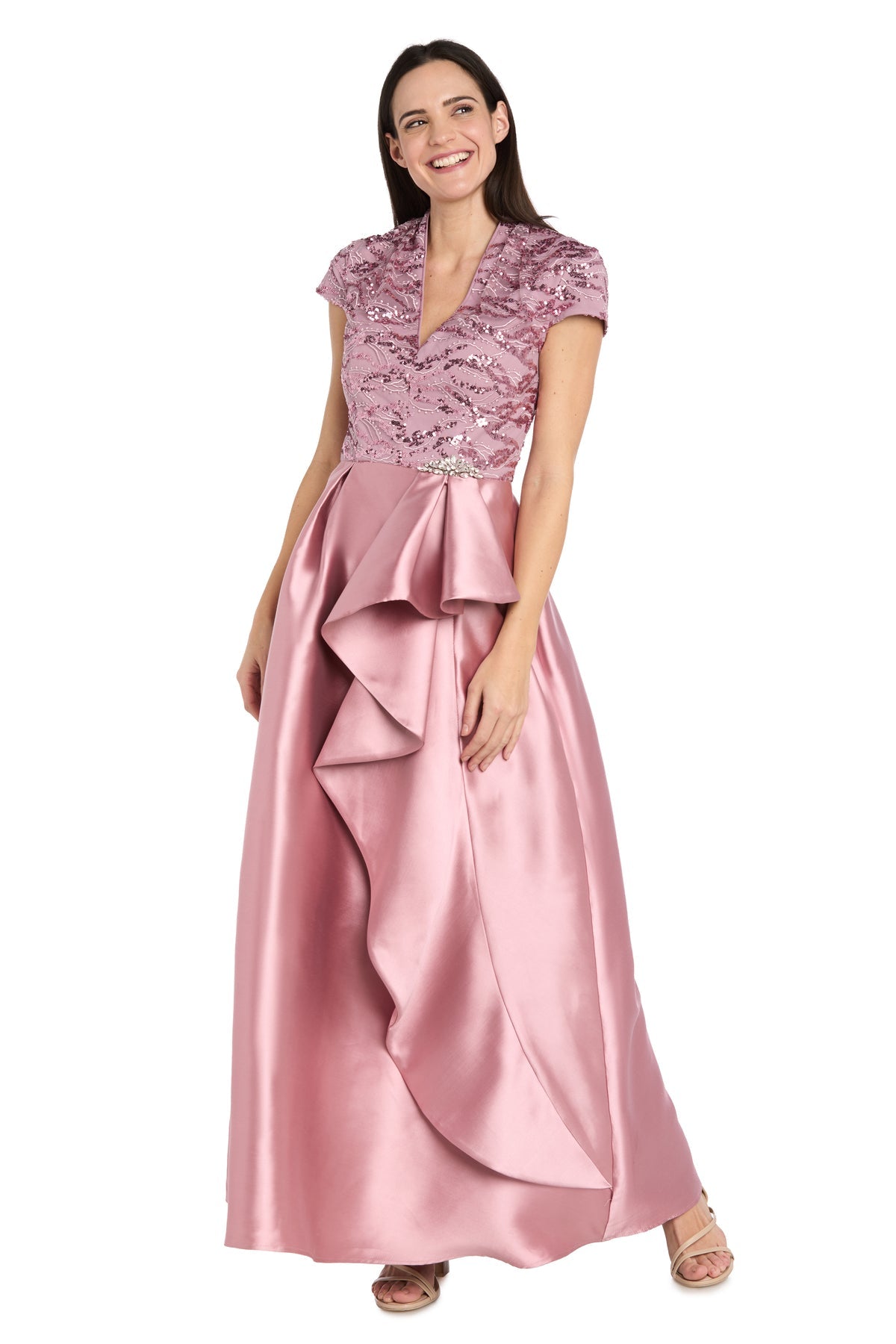 Rose V-Neck Floor-Length Satin Mother of the Bride Gown Lace Bodice and Ruffle Detail R&M Richards 4524