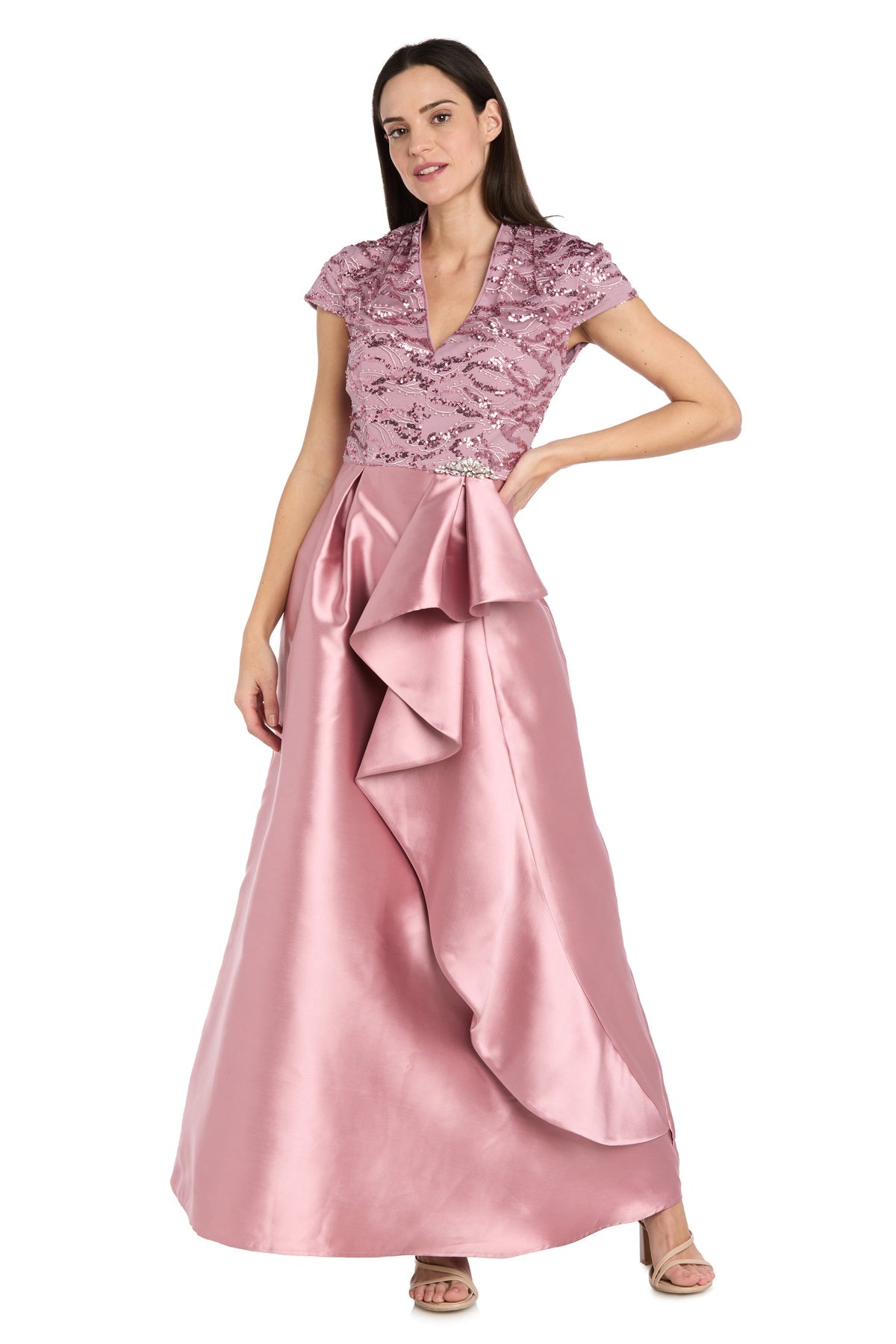 Rose V-Neck Floor-Length Satin Formal Gown Lace Bodice and Ruffle Detail R&M Richards 4524P