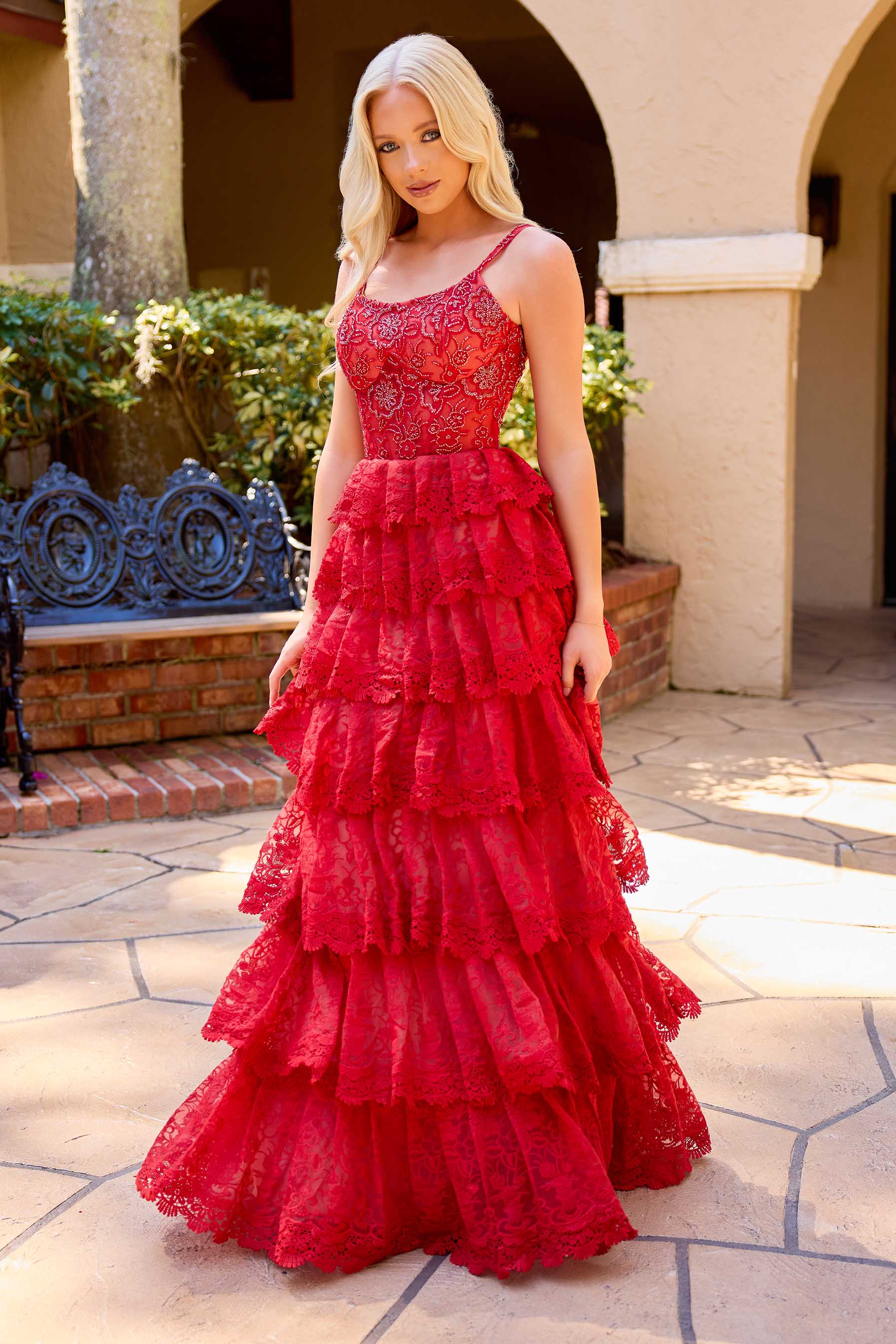 Prom Dresses Lace Applique Long Ruffle Prom Dress Red Nude