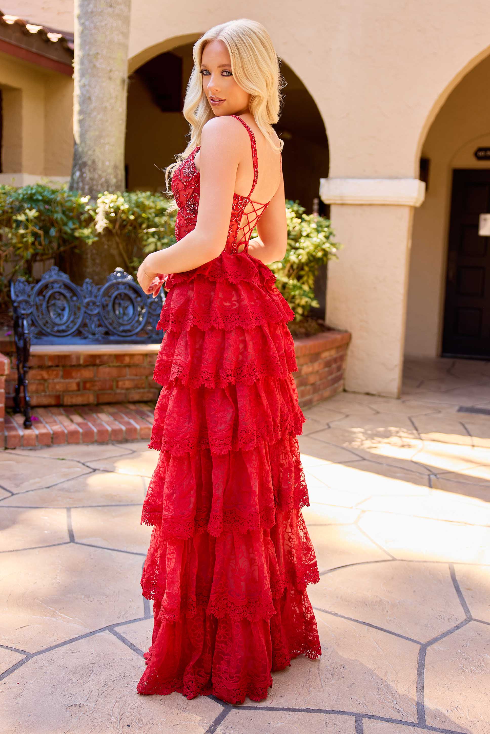 Prom Dresses Lace Applique Long Ruffle Prom Dress Red Nude