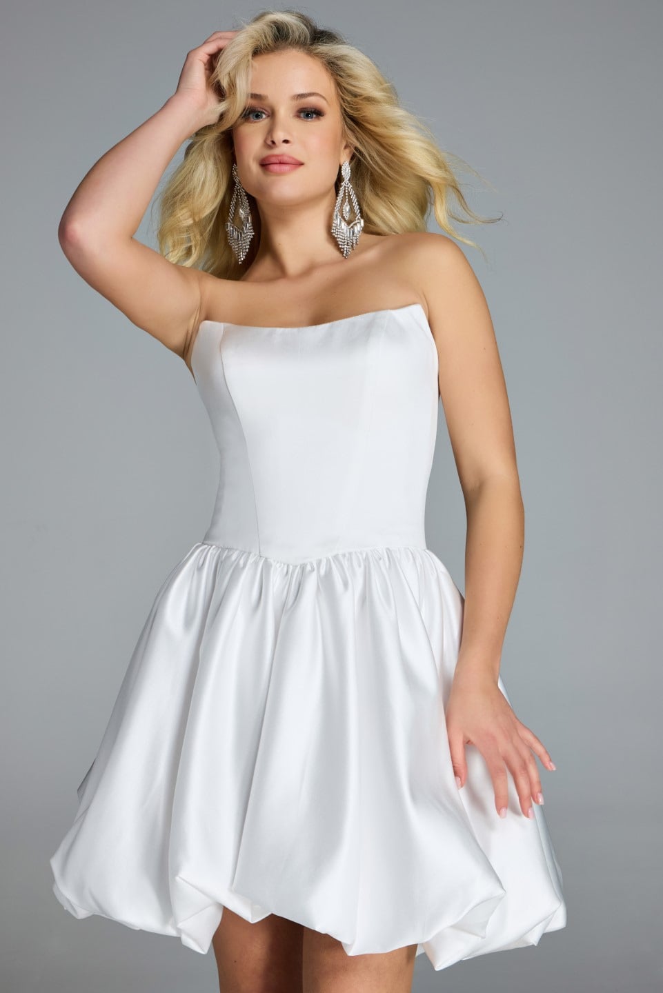 Strapless Straight Neck Mini Satin Cocktail Fit & Flare Jovani 45497