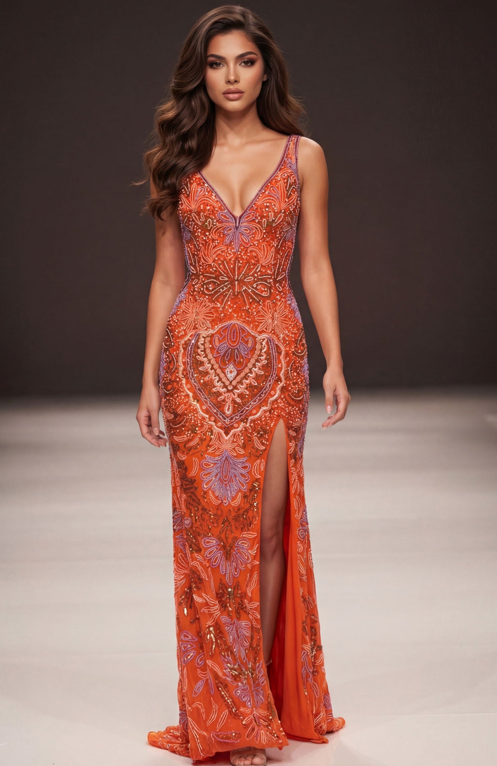 Prom Dresses Long Formal Beaded Fitted Evening Prom Dress Orange/Multi