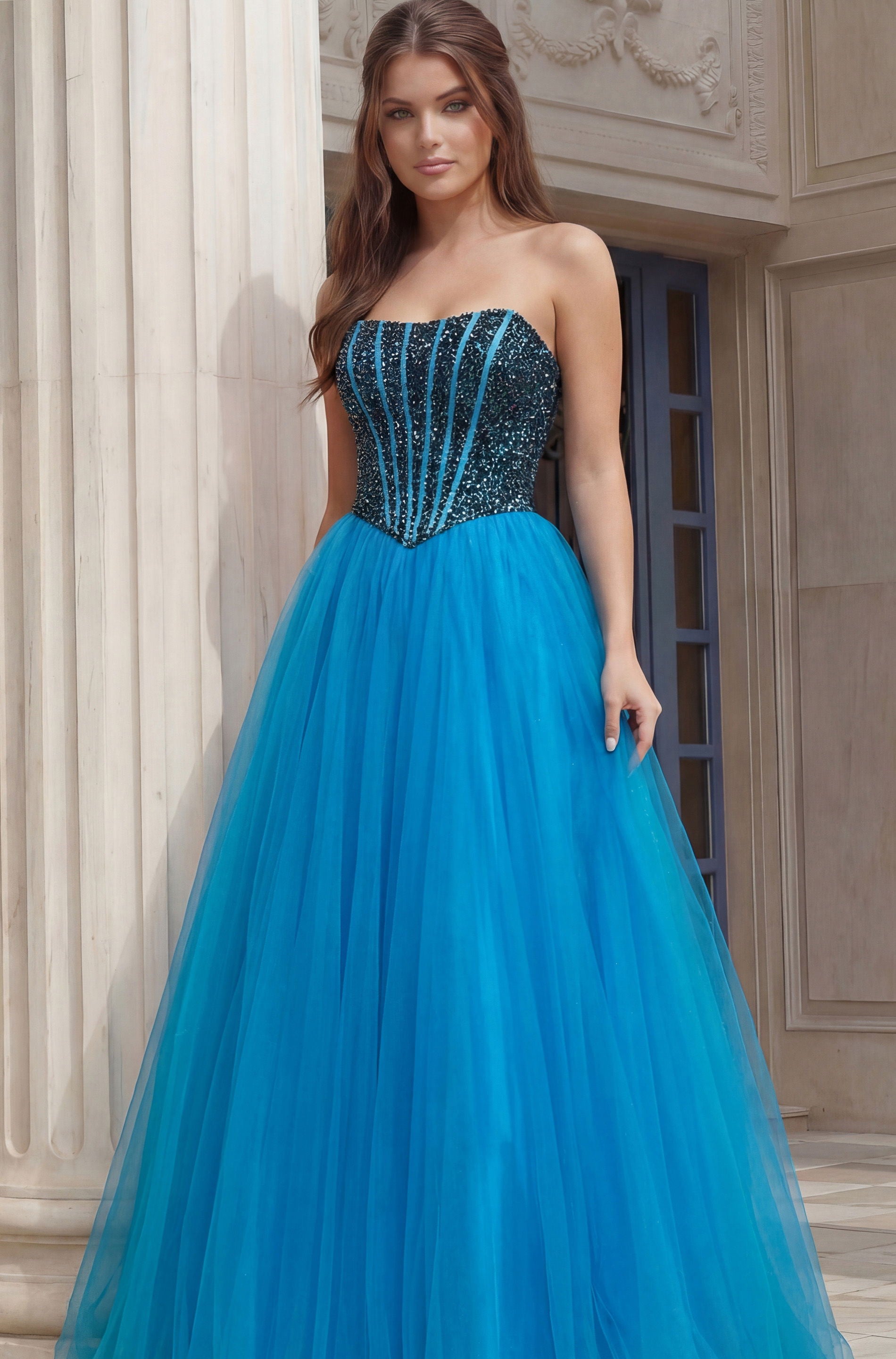 Prom Dresses Ball Gown Long Formal Beaded Corset Prom Dress Jovani 45539 Blue
