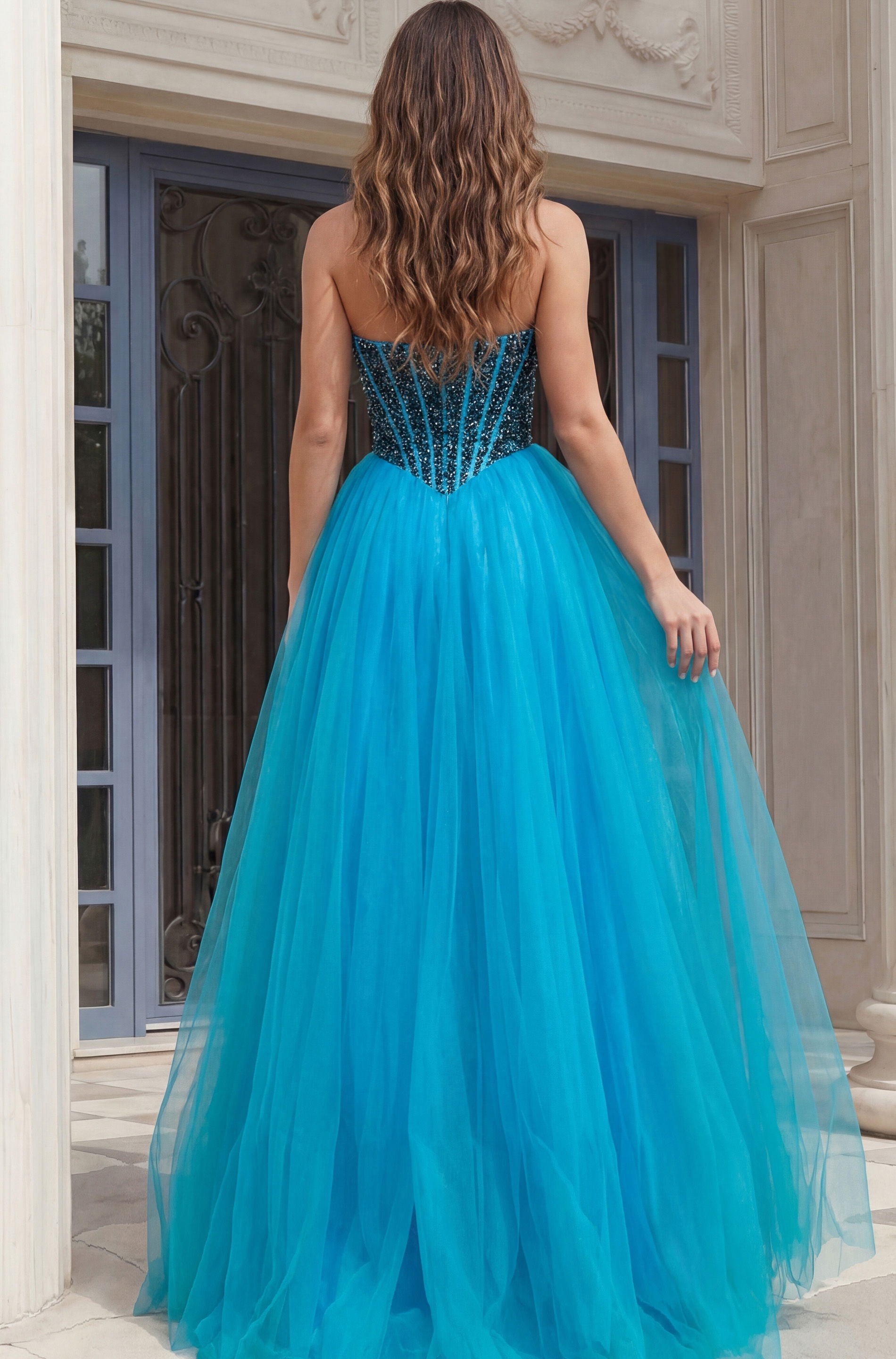 Prom Dresses Ball Gown Long Formal Beaded Corset Prom Dress Jovani 45539 Blue