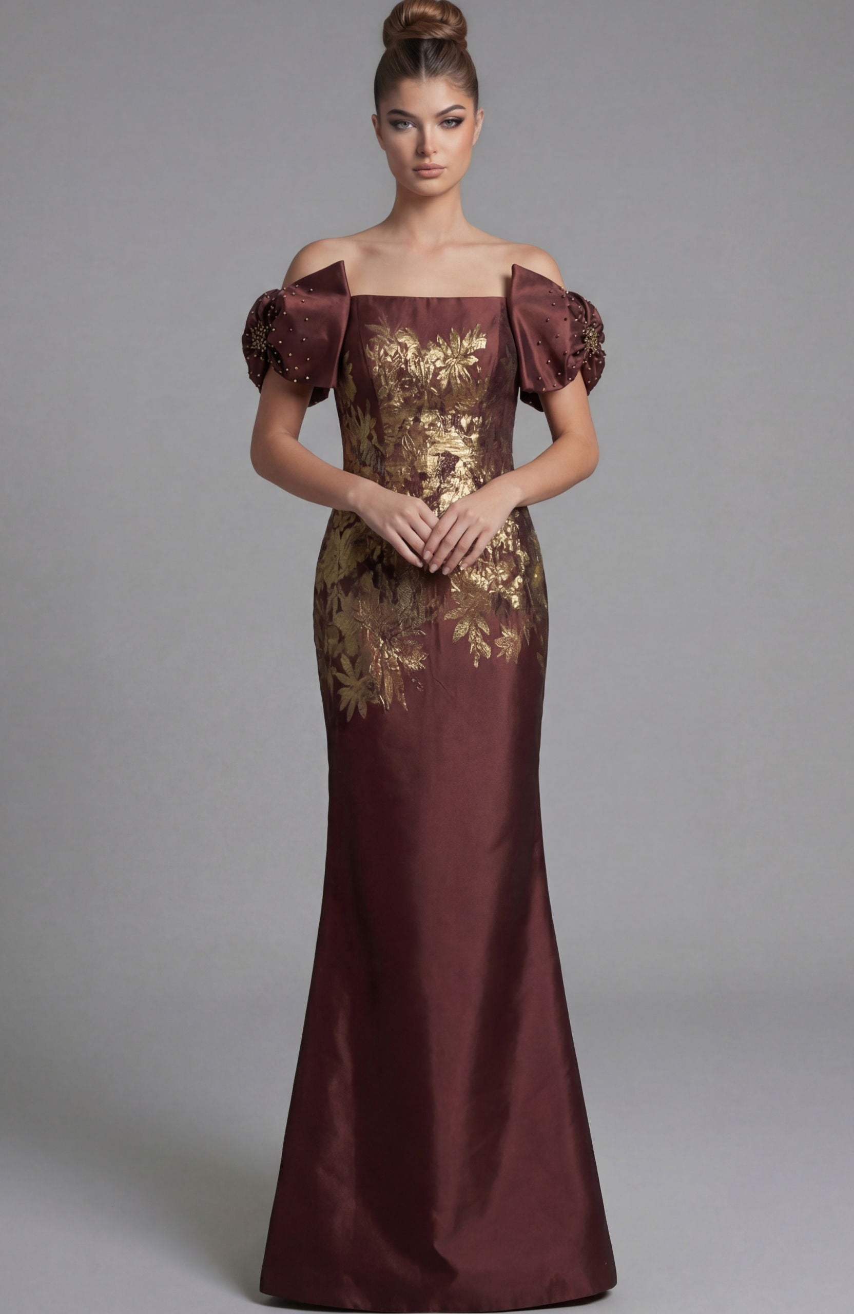 Prom Dresses Long Formal Metallic Floral Fitted Prom Dress Jovani 45579 Brown