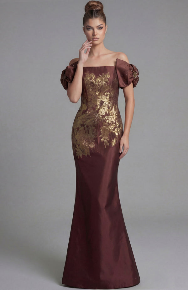 Long Formal Metallic Floral Fitted Prom Dress Jovani 45579