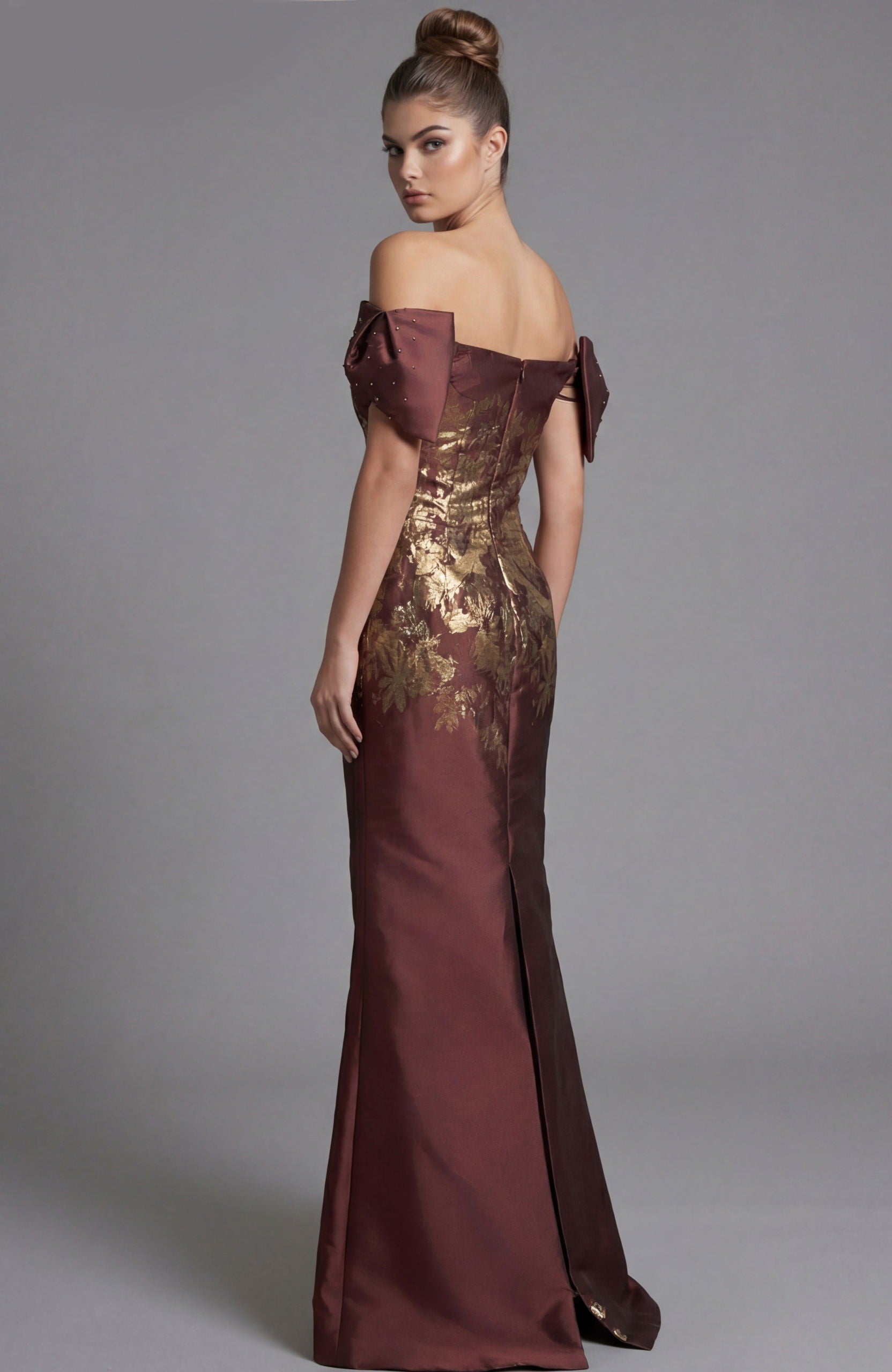 Prom Dresses Long Formal Metallic Floral Fitted Prom Dress Jovani 45579 Brown