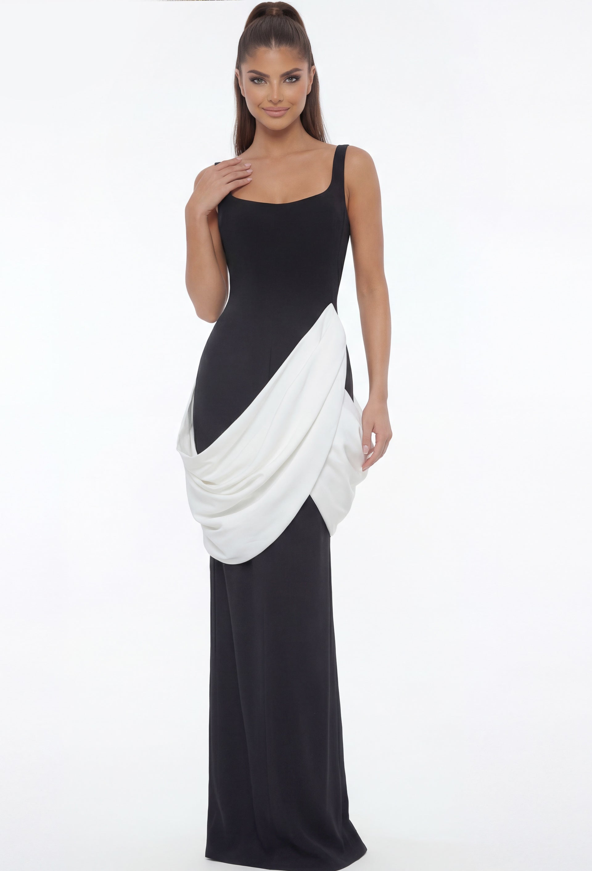 Black/White Square Neck Floor-Length Stretch Crepe Formal Gown with Draped Contrast Overlay Jovani 45619