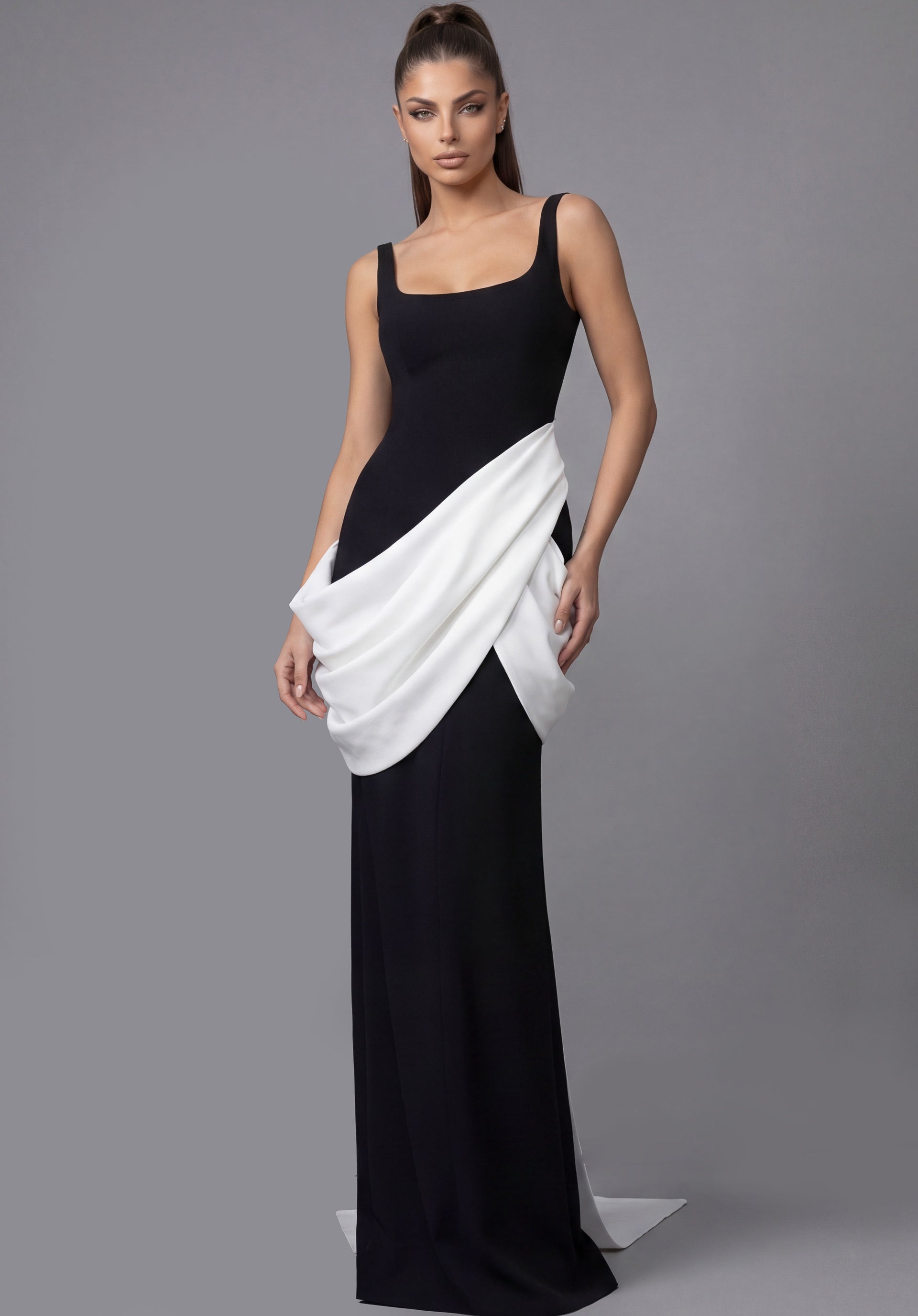 Black/White Square Neck Floor-Length Stretch Crepe Formal Gown with Draped Contrast Overlay Jovani 45619