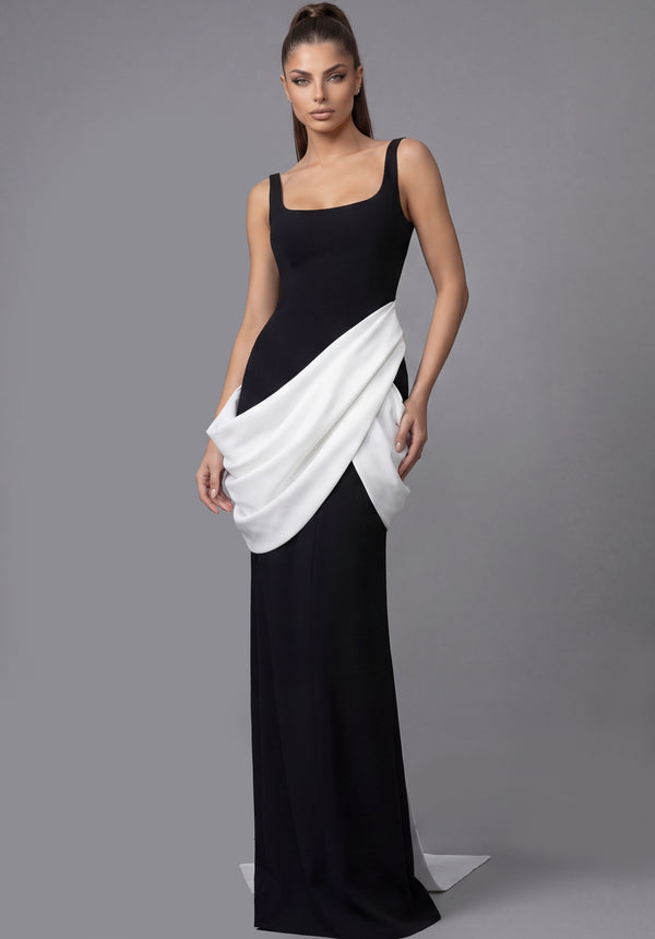 Square Neck Floor-Length Stretch Crepe Formal Gown with Draped Contrast Overlay Jovani 45619
