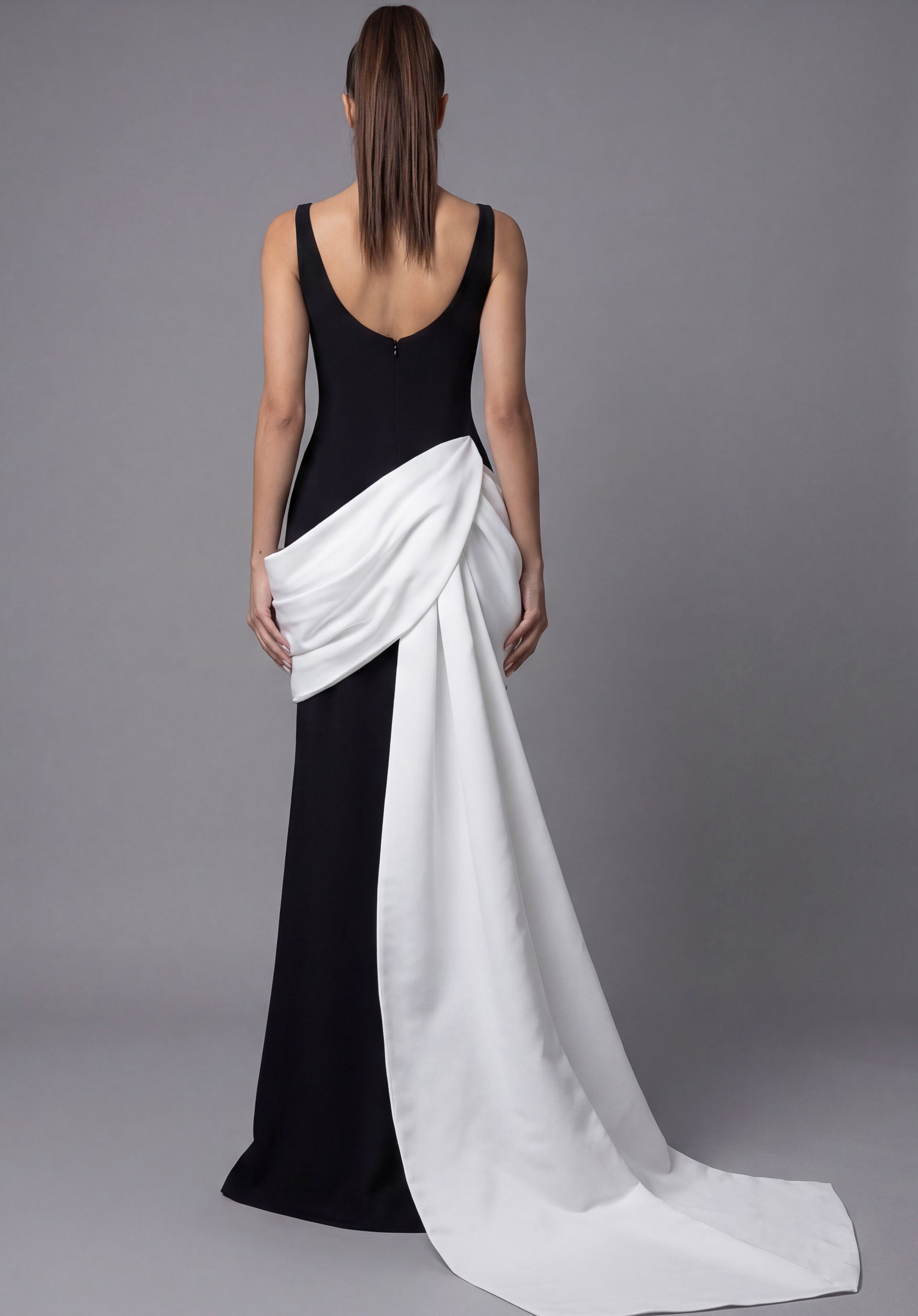 Black/White Square Neck Floor-Length Stretch Crepe Formal Gown with Draped Contrast Overlay Jovani 45619