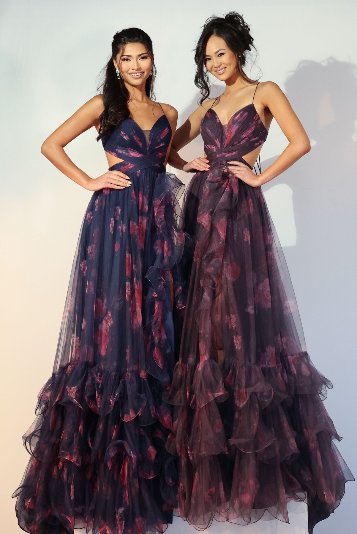 Prom Dresses Ruffle Long Formal Floral Print A Line Prom Dress Black/Red Print