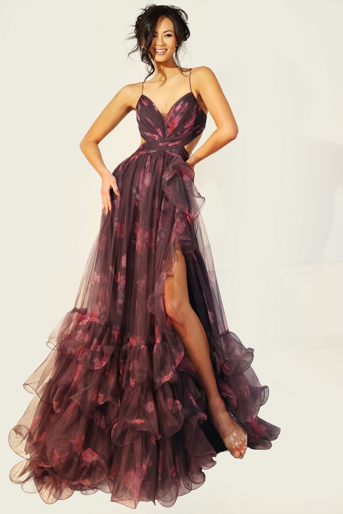 Prom Dresses Ruffle Long Formal Floral Print A Line Prom Dress Black/Red Print