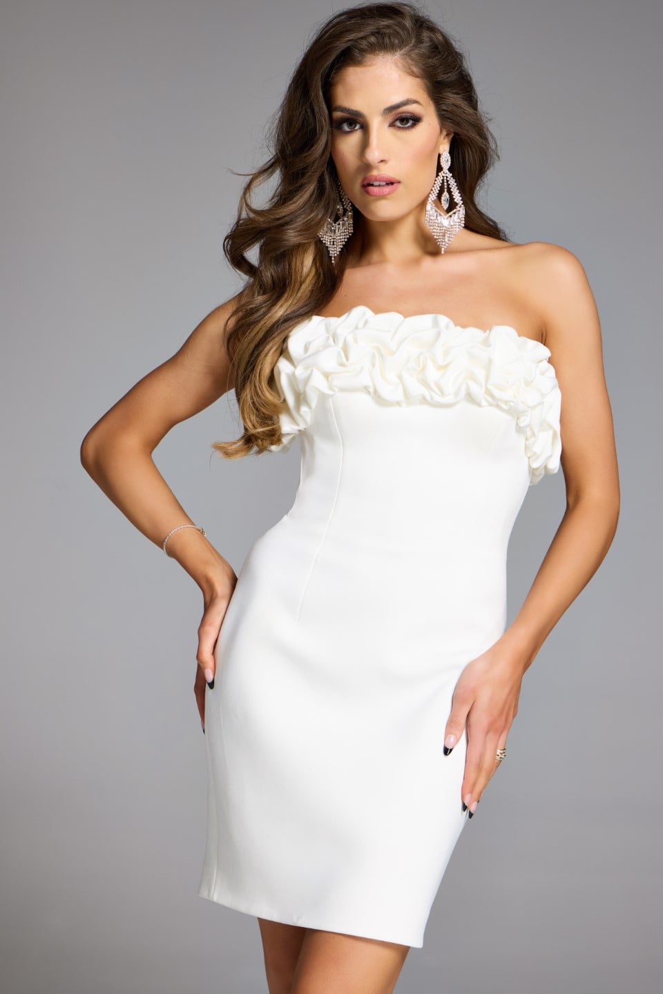 Strapless Curved Neck Mini Short Scuba Bridal Bodycon Jovani 42574