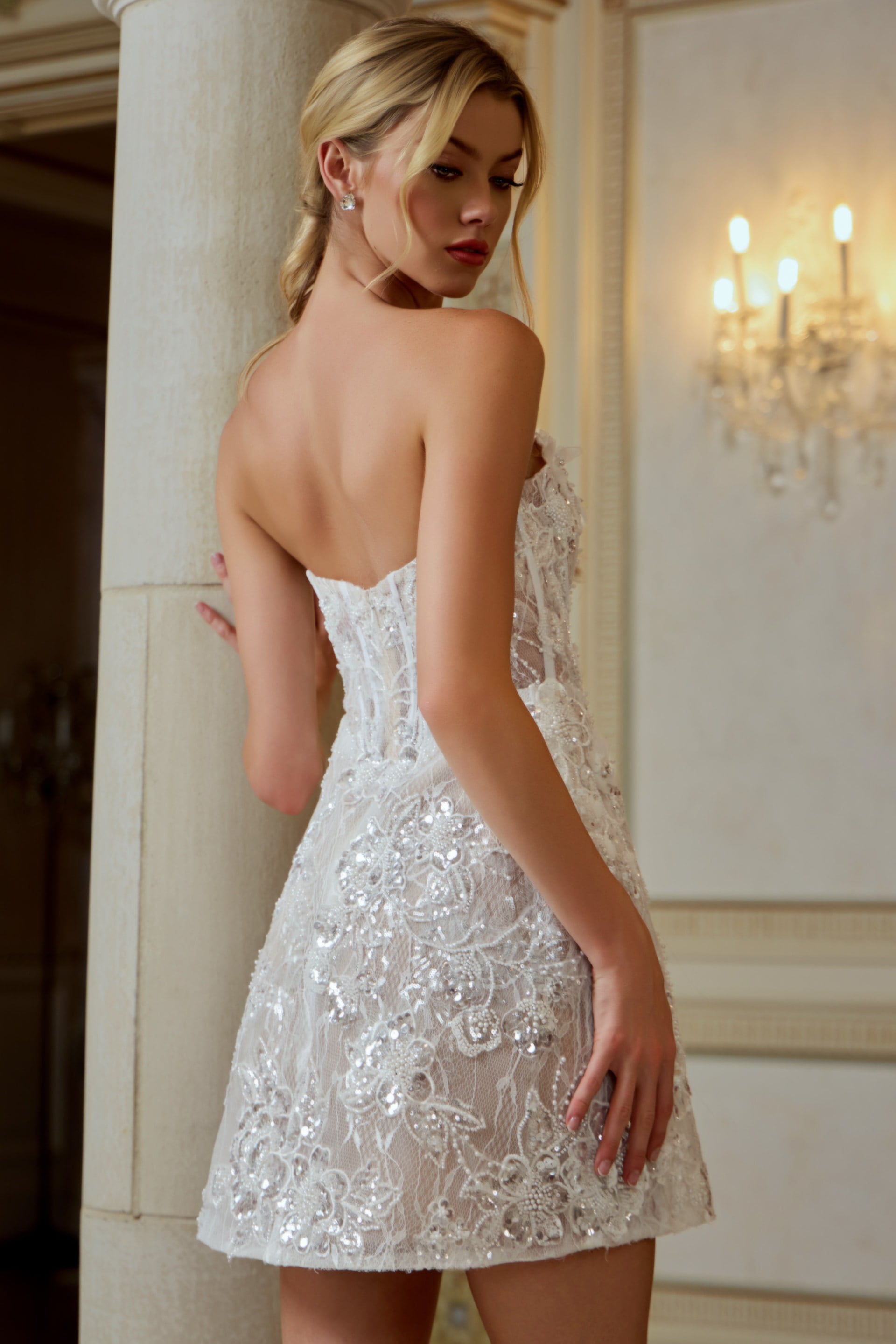 Off White Strapless Mini Lace Homecoming Corset Dress Jovani 45853