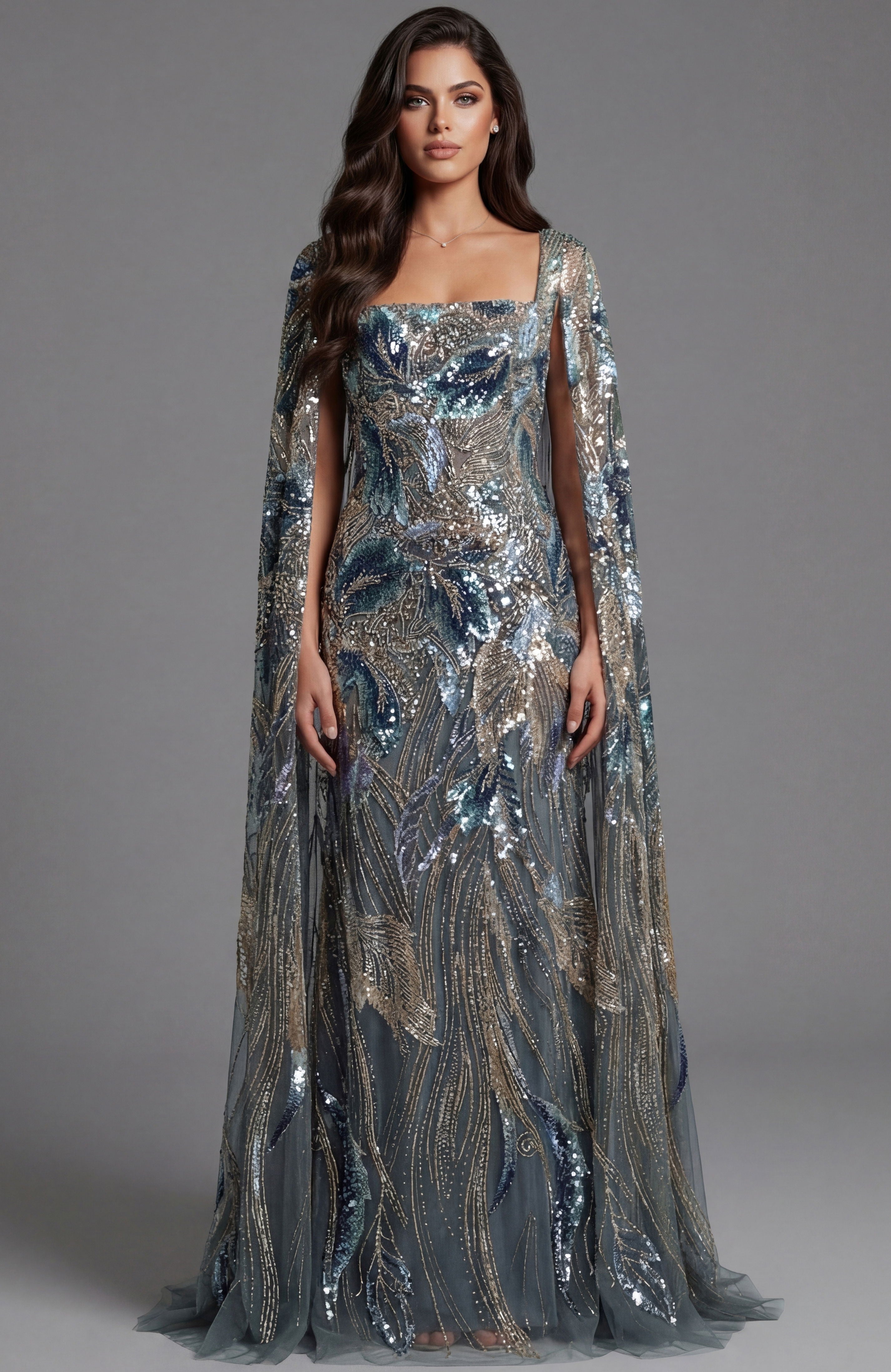Mother of the Bride Dresses Sequin Long Sleeve Formal Beaded Cape Mother of the Bride Dress Jovani 45941 Grey/Multi