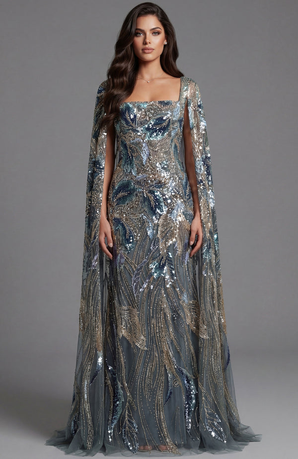 Sequin Long Sleeve Formal Beaded Cape Mother of the Bride Dress Jovani 45941