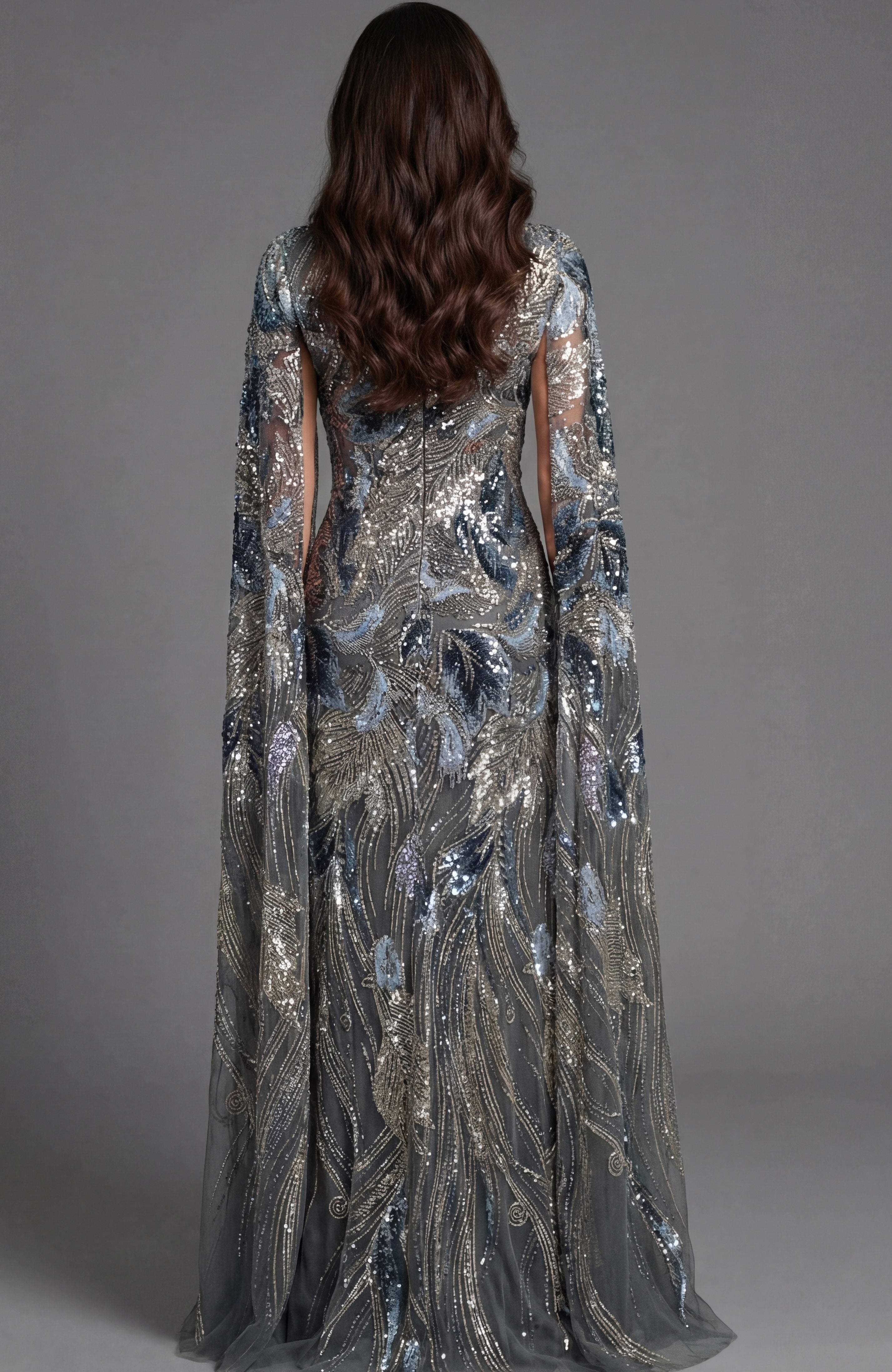 Mother of the Bride Dresses Sequin Long Sleeve Formal Beaded Cape Mother of the Bride Dress Jovani 45941 Grey/Multi